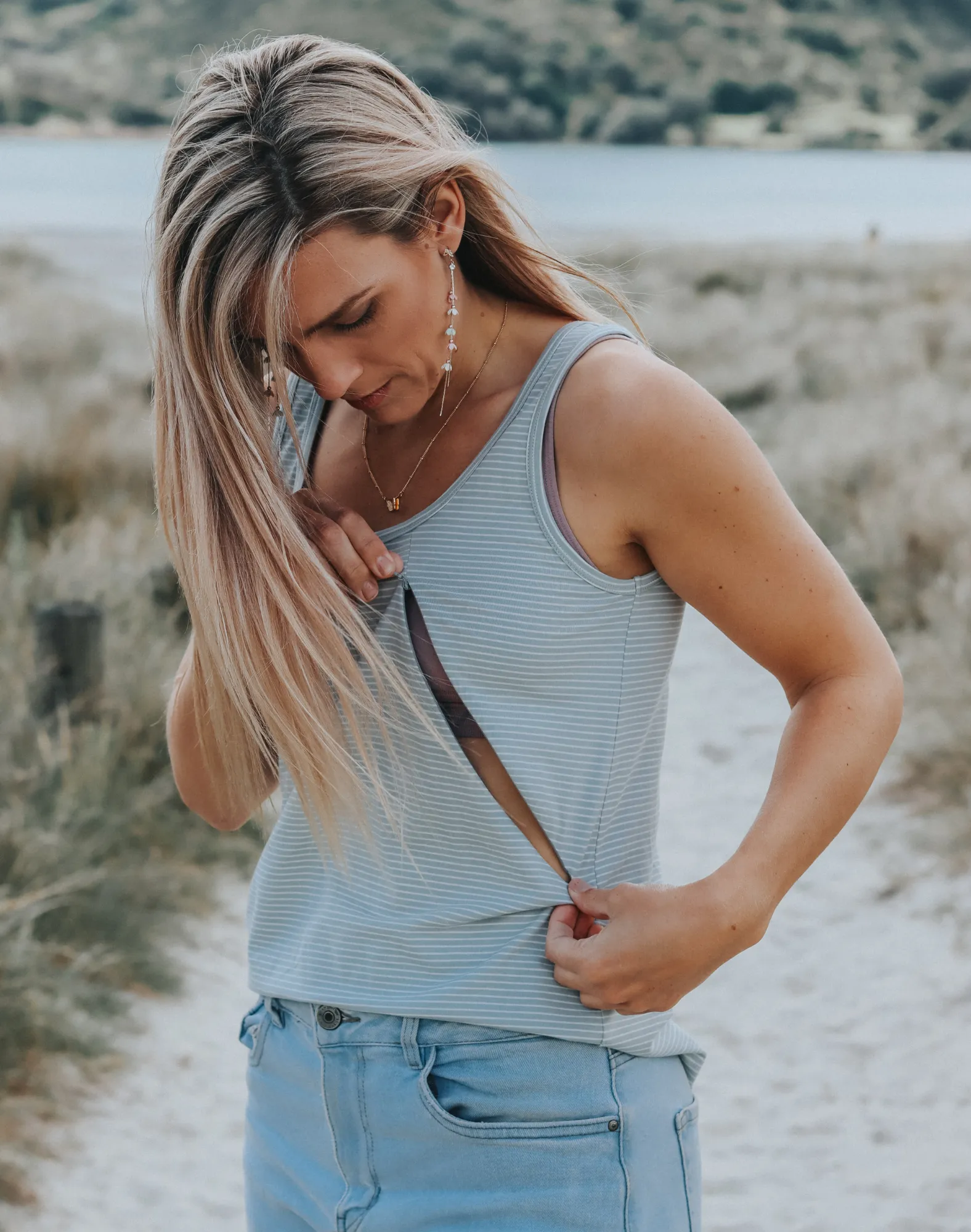 ** CLEARANCE ** Breastfeeding Tank - Columbia Tank Seafoam Stripe