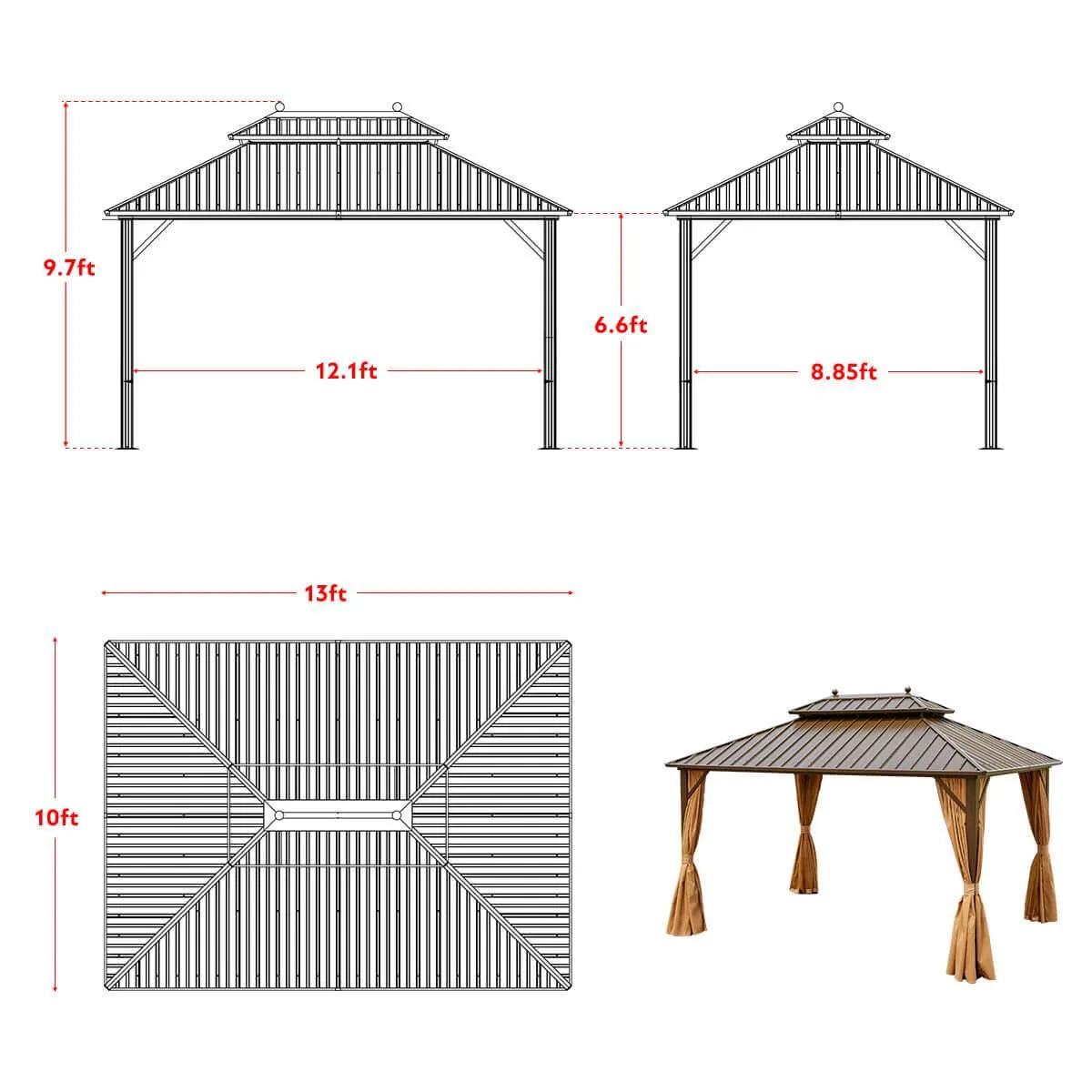 10'x13' Hardtop Gazebo Galvanized Steel Gazebos with Netting & Curtain