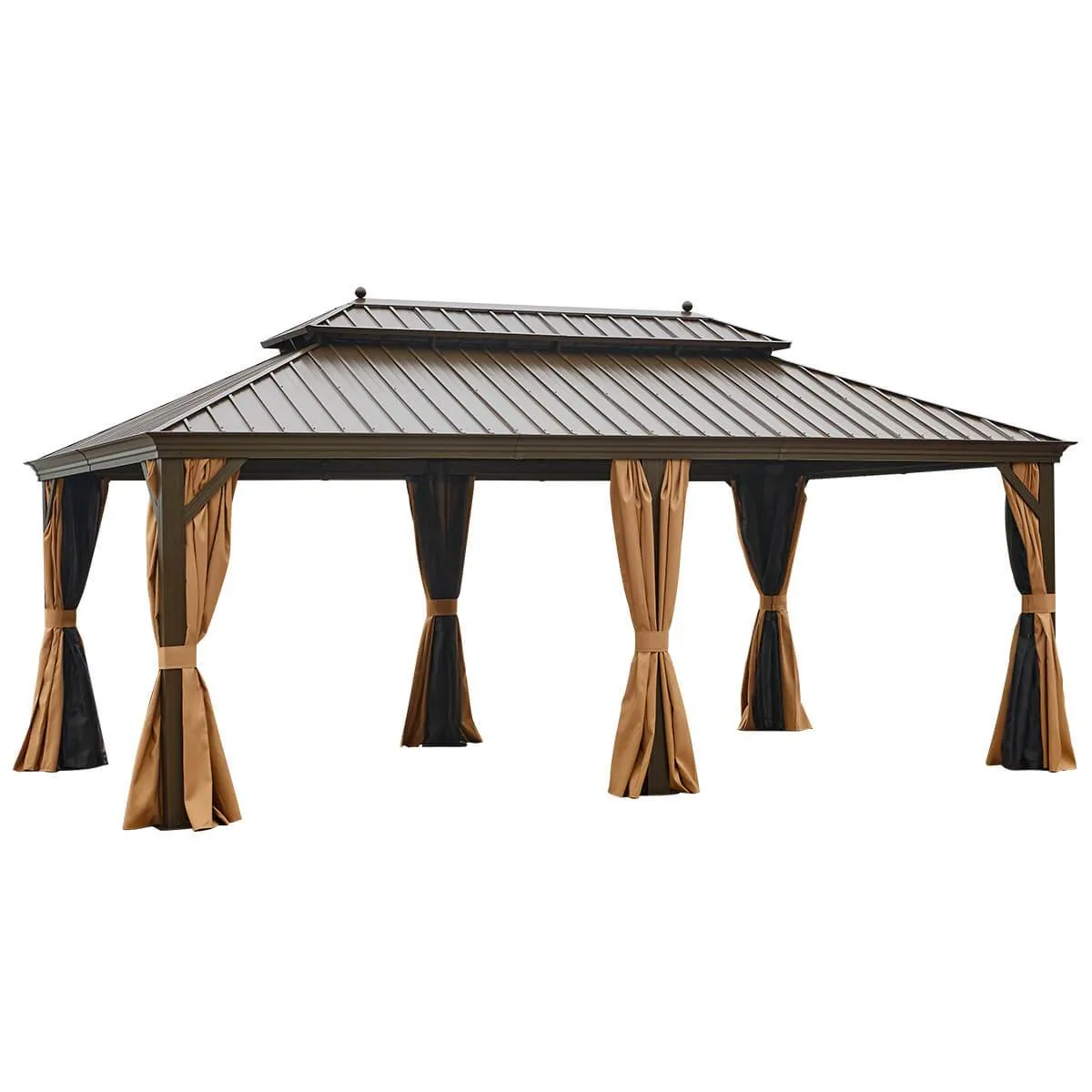 12'x20' Galvanized Steel Hardtop Gazebo Double-Roof Pergola w/ Netting Curtain