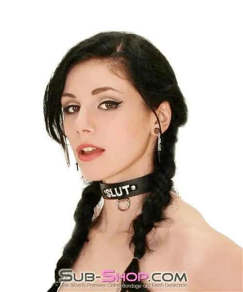 6844A      SLUT Rhinestone Collar, Black Leather