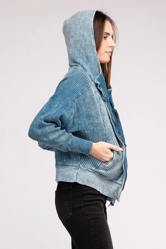 *Acid Wash Cotton Waffle Hooded Zip-Up Jacket