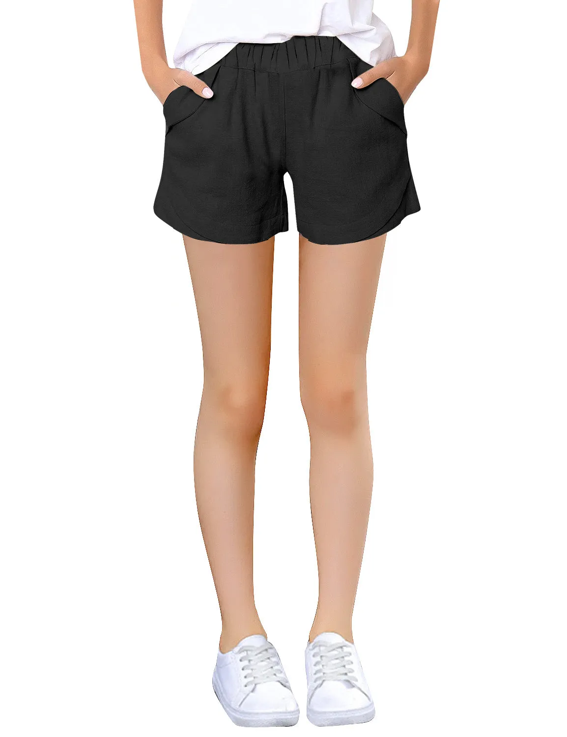 Black Elastic -Waist Girls' Plain Summer Shorts