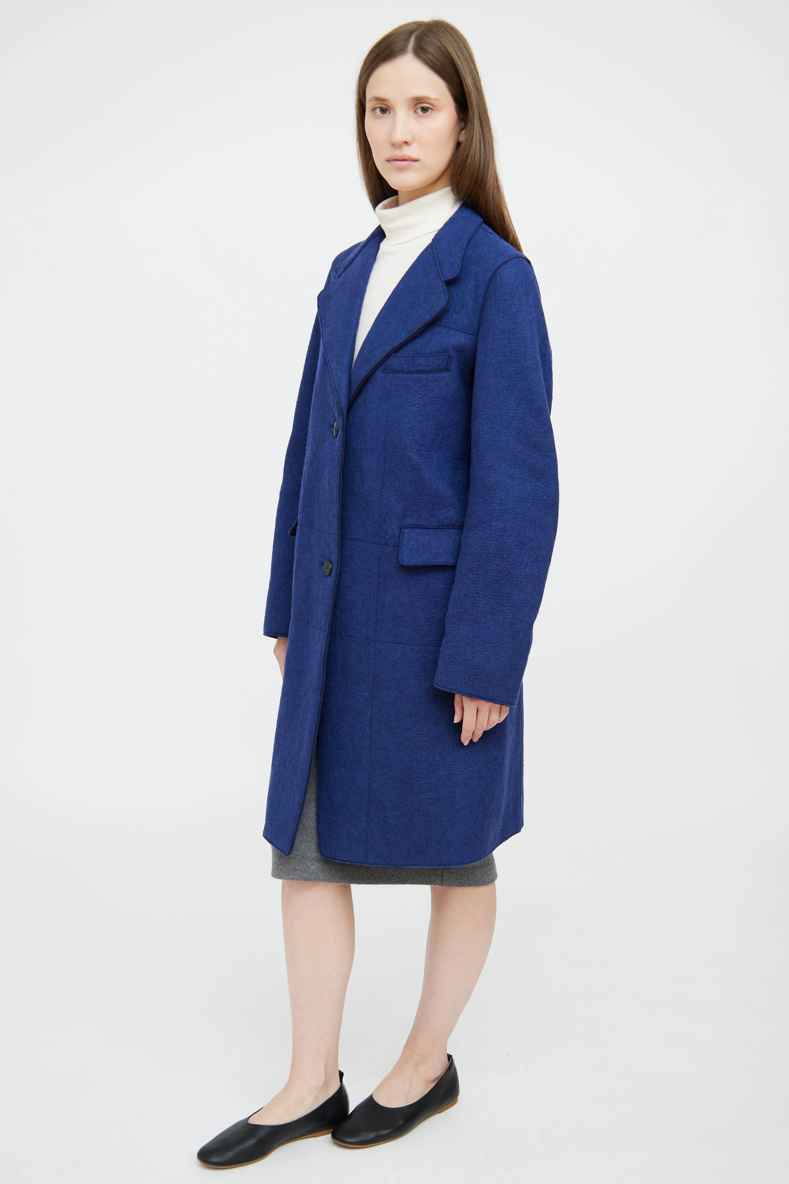 Blue Wool Blend Button Up Coat