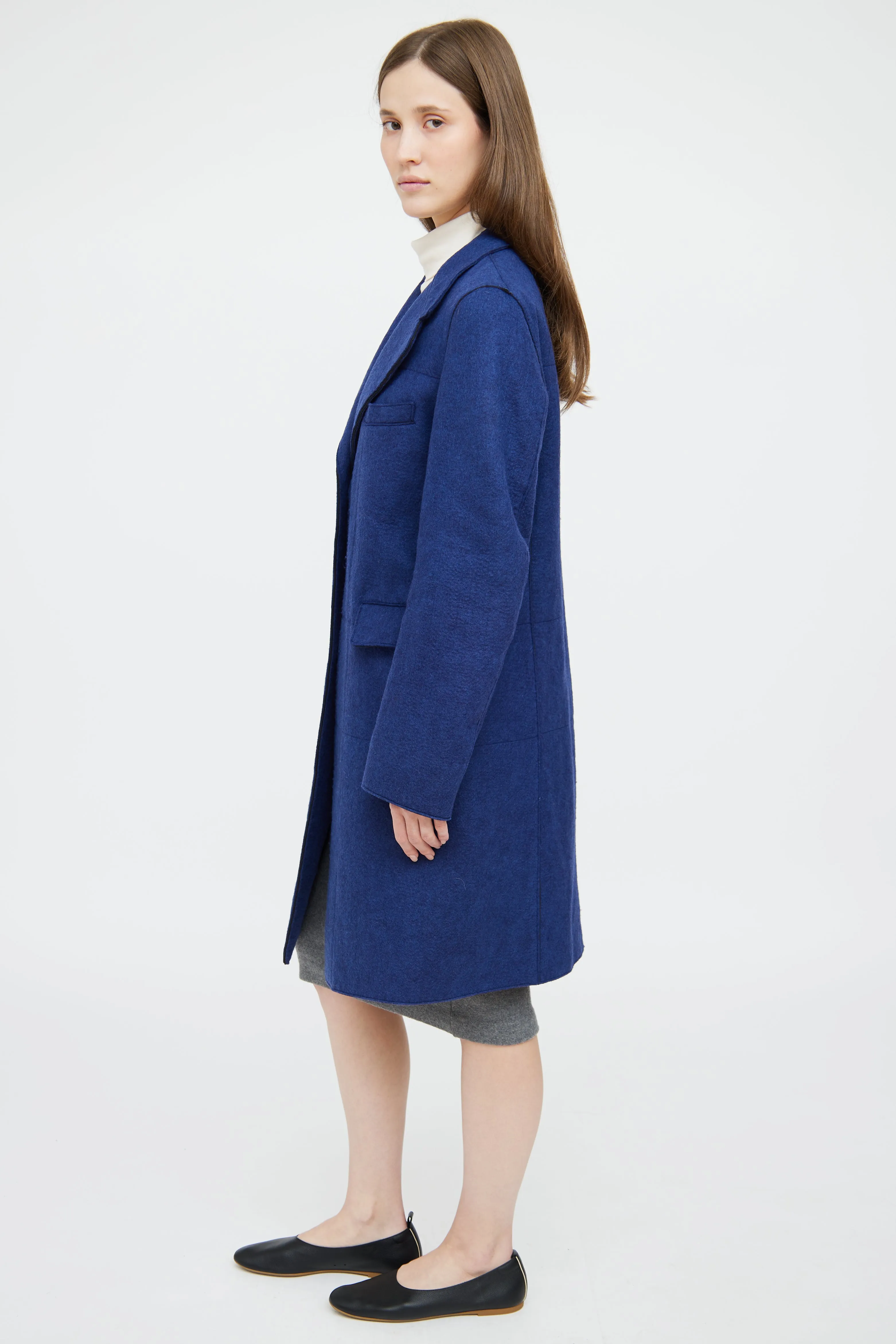 Blue Wool Blend Button Up Coat