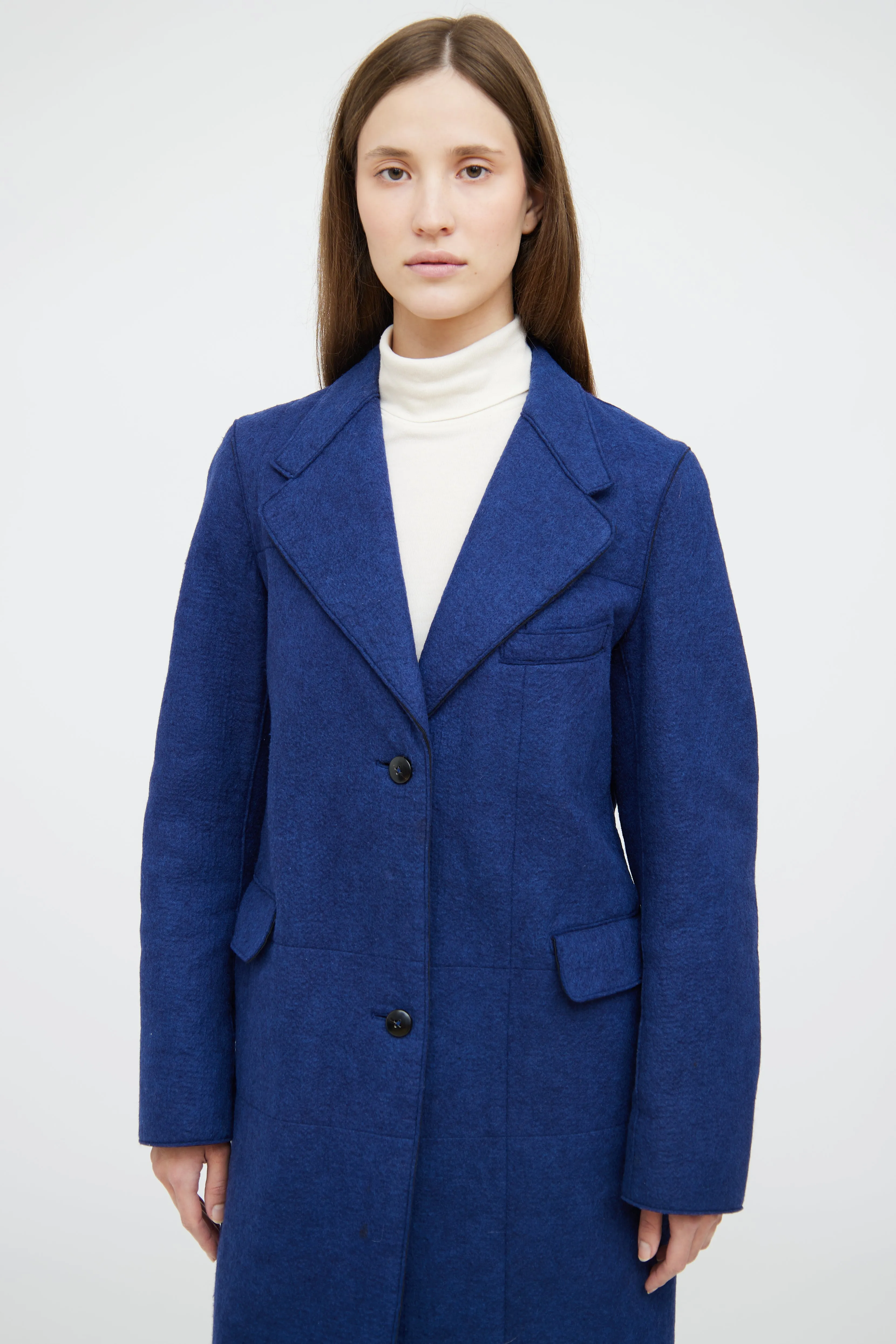 Blue Wool Blend Button Up Coat