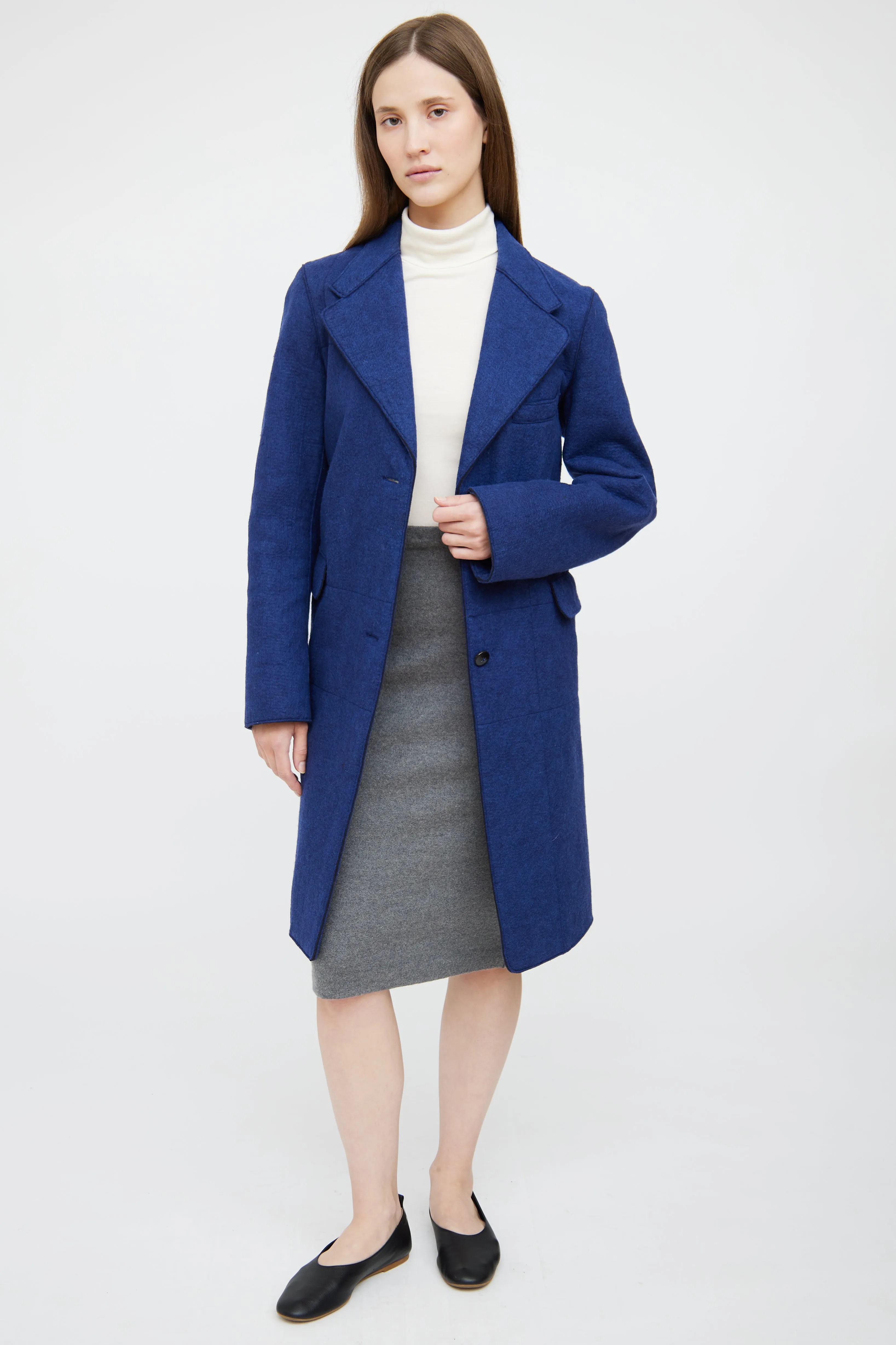 Blue Wool Blend Button Up Coat