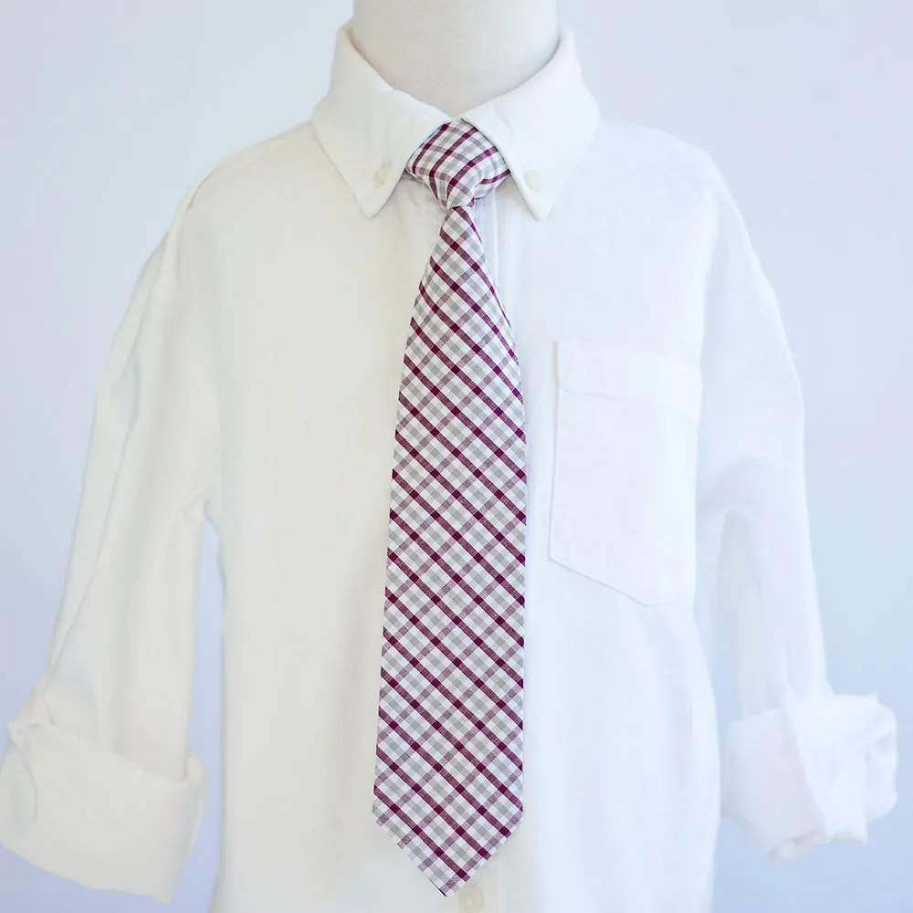 Boy's Necktie / Grey And Burgundy Plaid