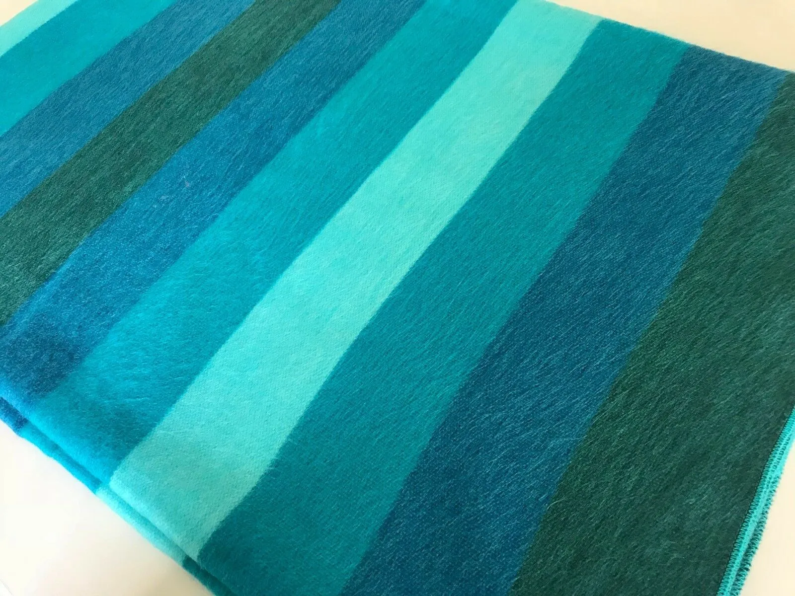 Cajabamba - Baby Alpaca Wool Throw Blanket / Sofa Cover - Queen 90" x 65" - thick stripes pattern blue-turquoise