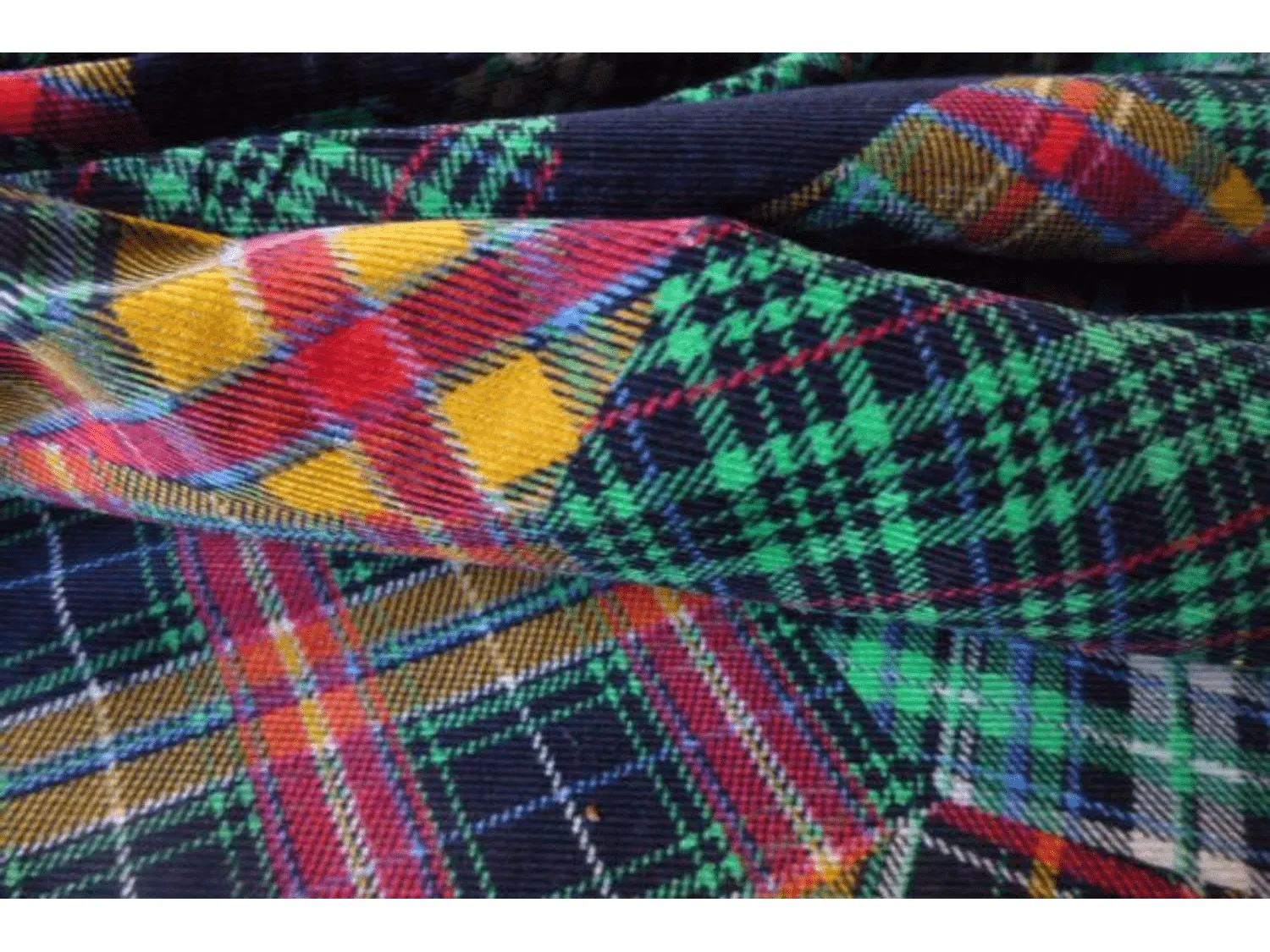 CLEARANCE: Patchwork Patterned Tartan printed Needlecord Fabric - Navy & Green Pattern