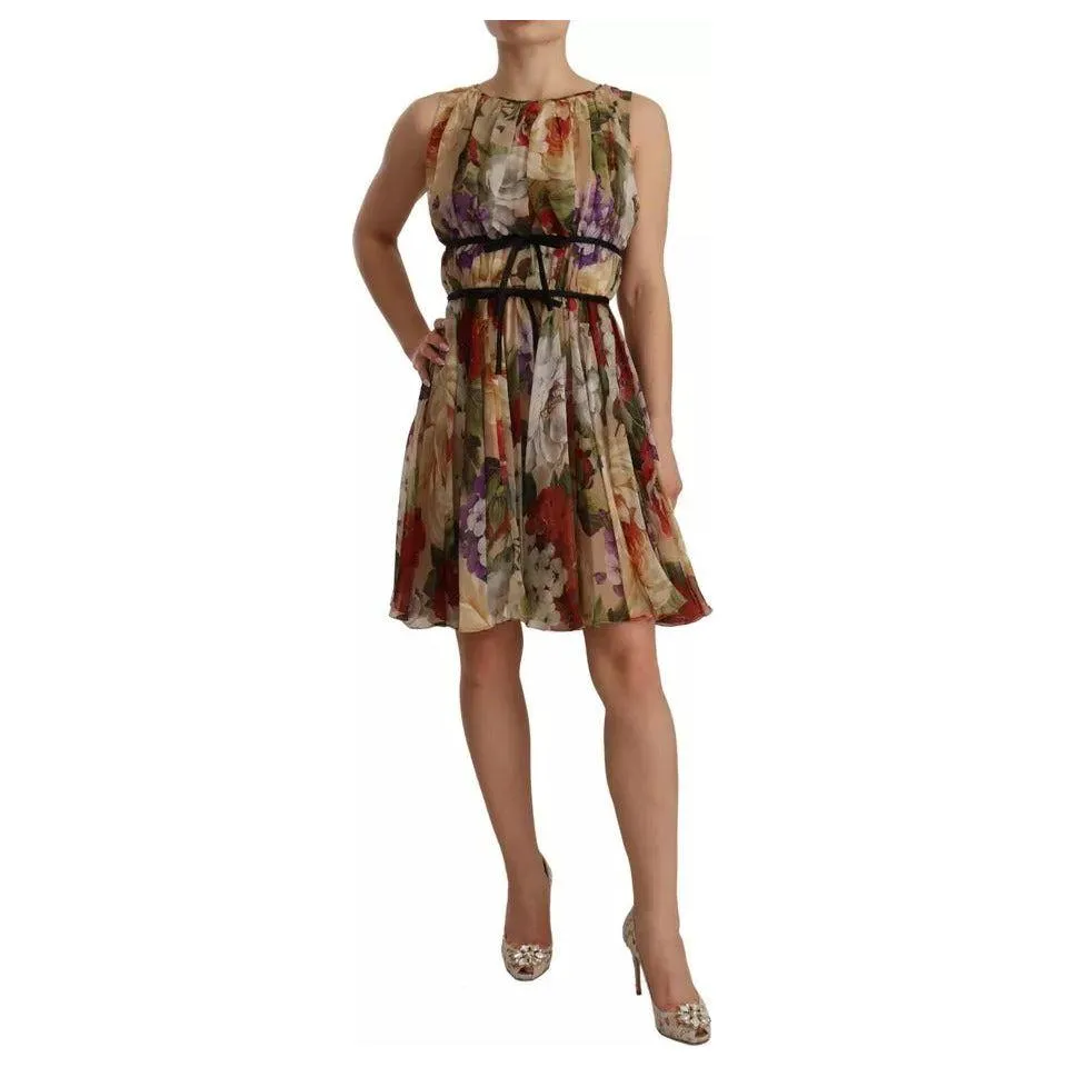 Dolce & Gabbana Beige Floral Sleeveless Round Neck Mini Dress