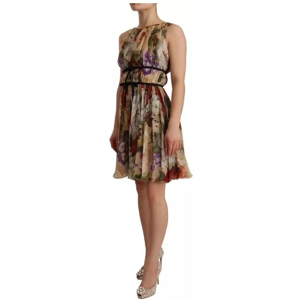 Dolce & Gabbana Beige Floral Sleeveless Round Neck Mini Dress