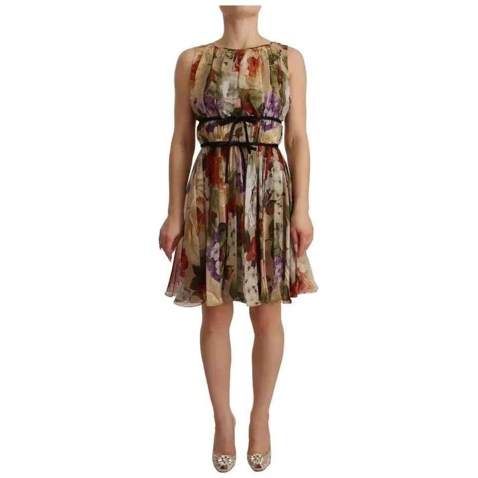 Dolce & Gabbana Beige Floral Sleeveless Round Neck Mini Dress