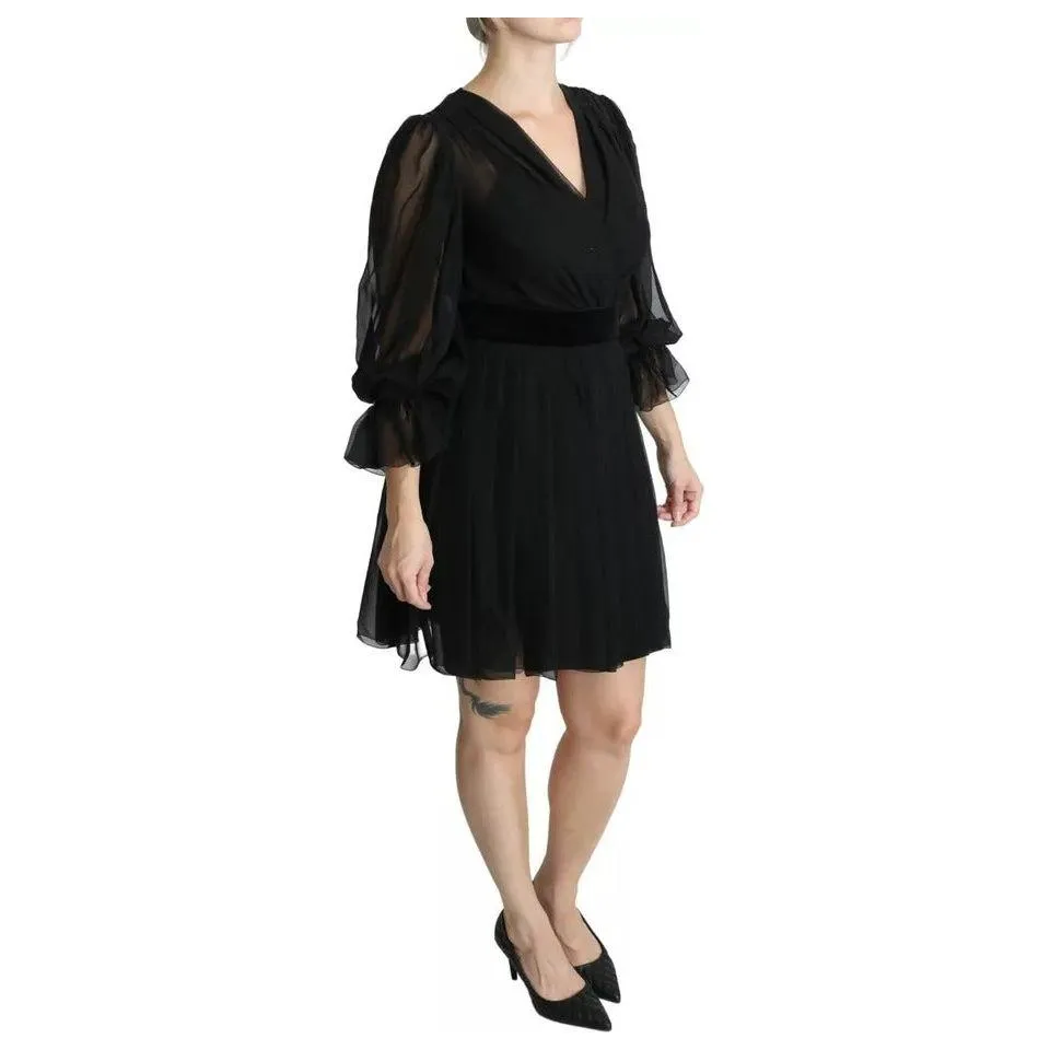 Dolce & Gabbana Black Mesh Pleated Mini Silk Blend Dress