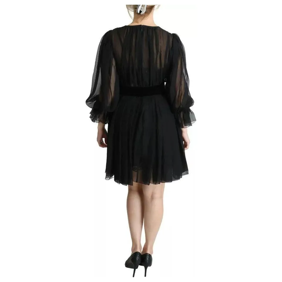 Dolce & Gabbana Black Mesh Pleated Mini Silk Blend Dress