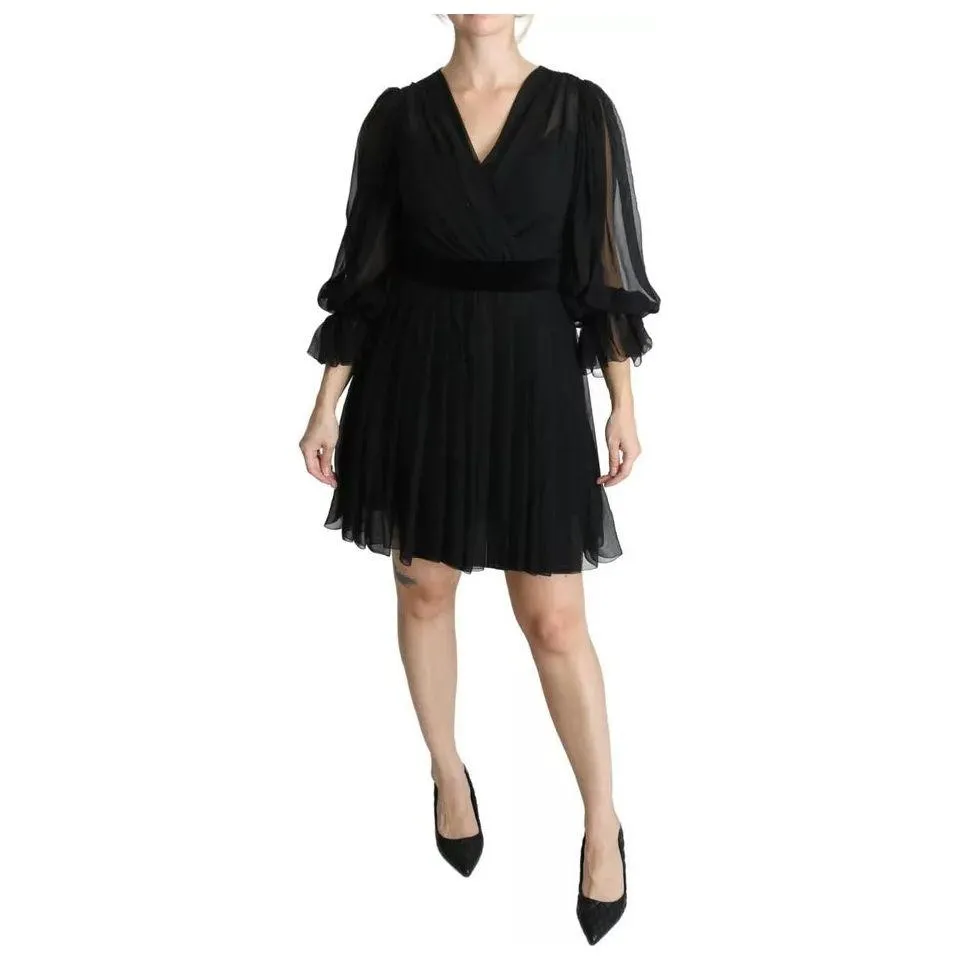 Dolce & Gabbana Black Mesh Pleated Mini Silk Blend Dress