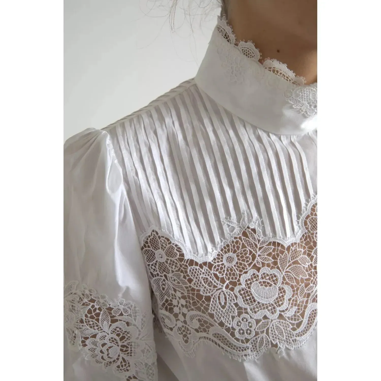 Dolce & Gabbana White Cotton Lace Trim Turtle Neck Top Blouse