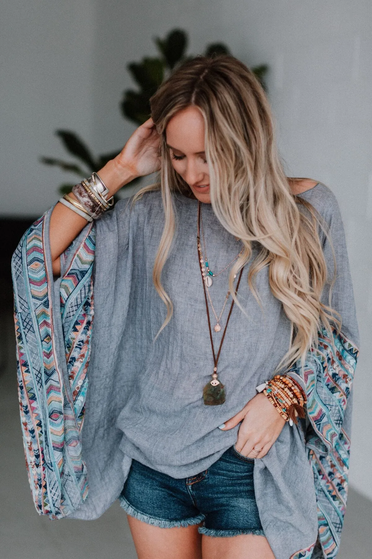 Fallon Embroidered Sleeve Poncho - Gray