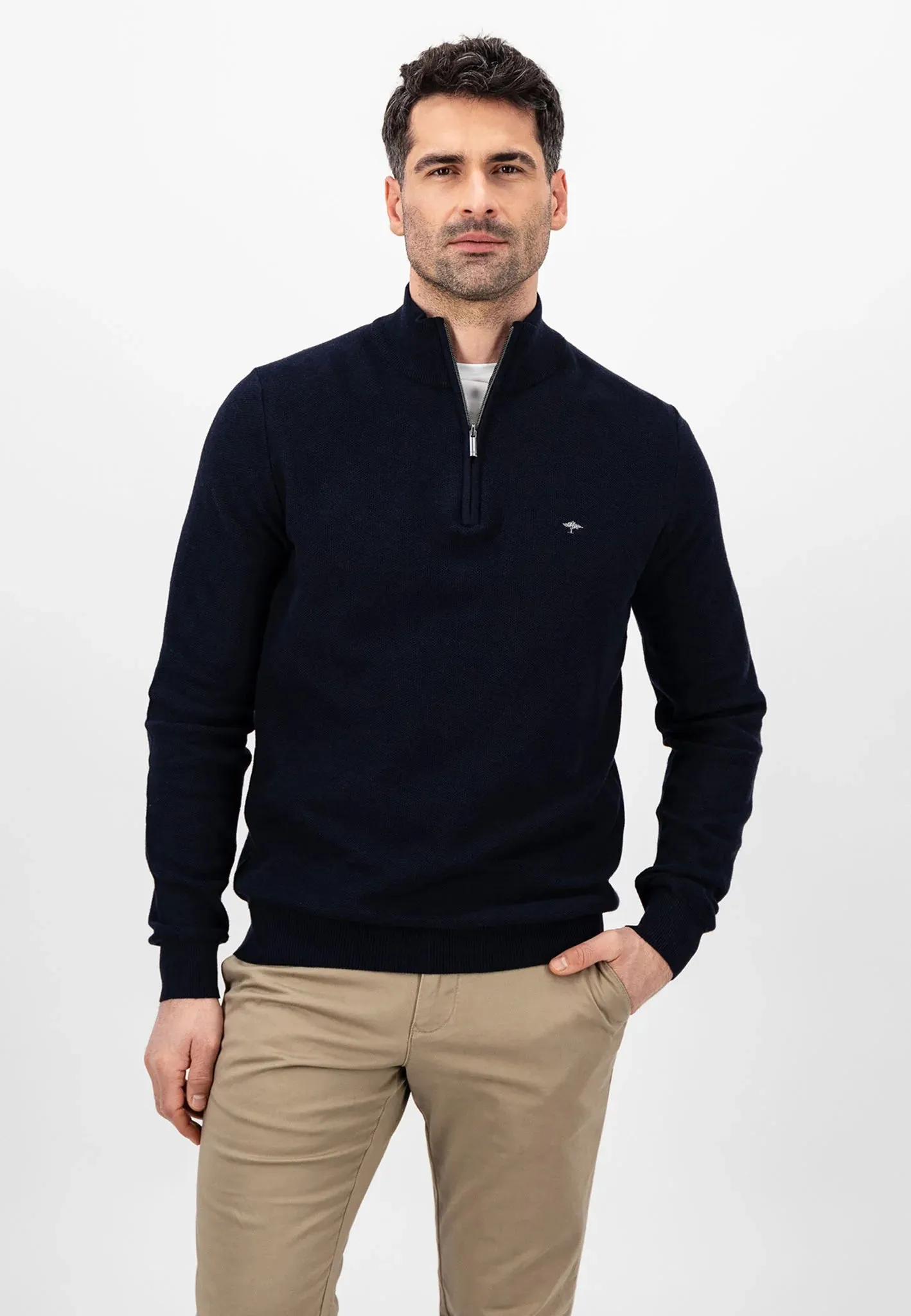 FYNCH HATTON Troyer 1/4 Zip Soft Cotton Knit - Men's – Navy