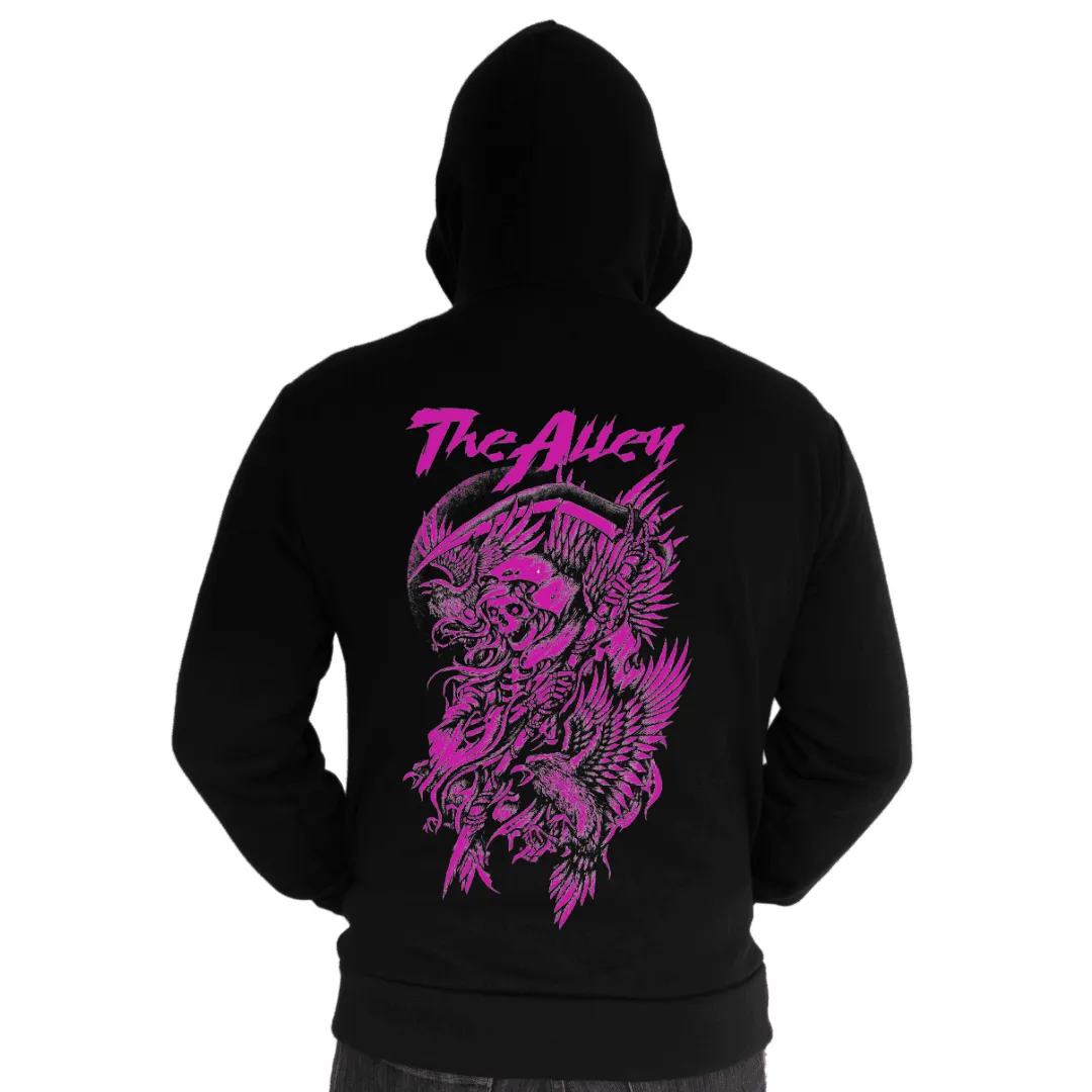 Gothic Reaper and Raven Zip Up Hoodie with Printed Sleeves