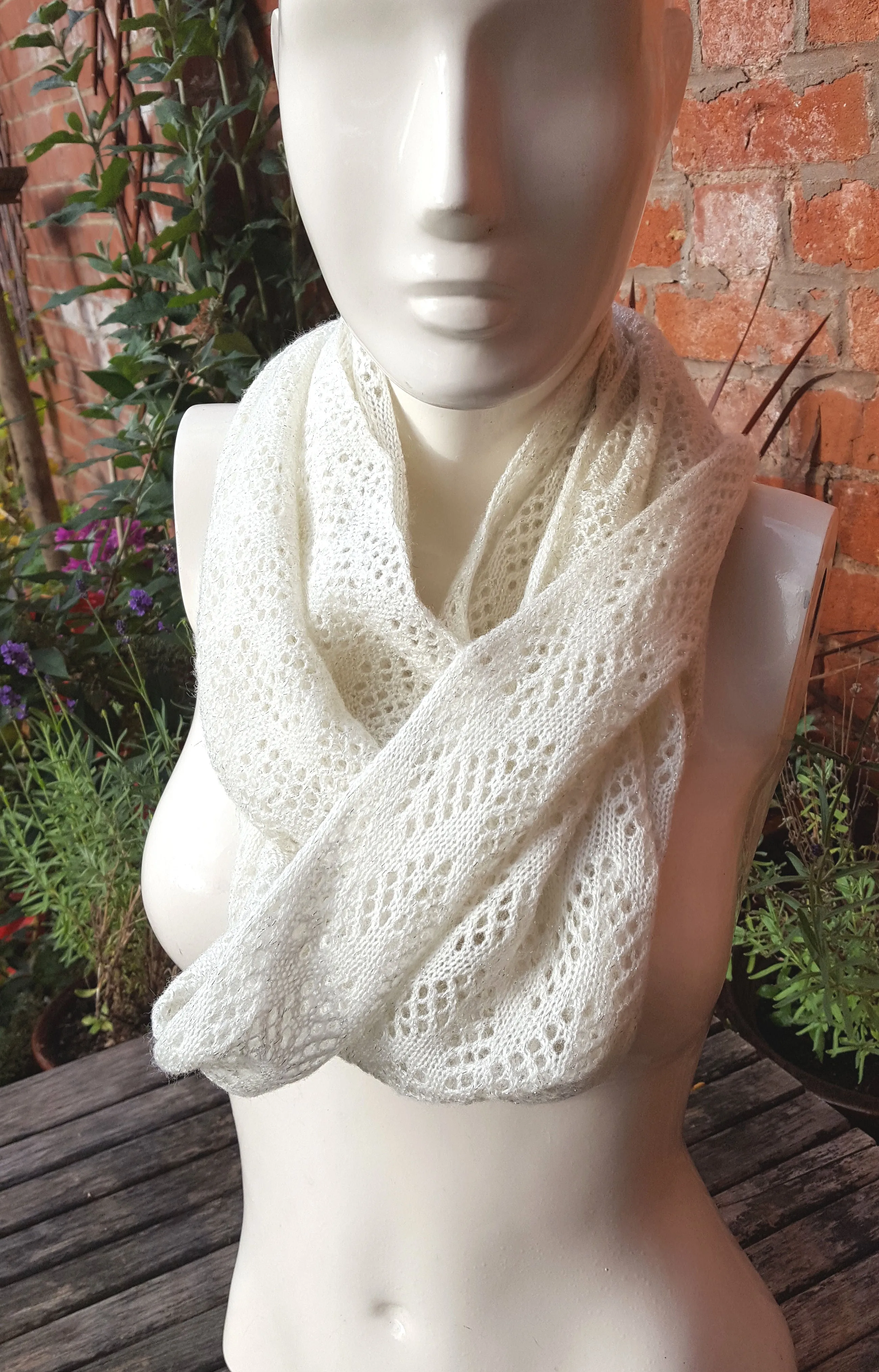 Handmade cowl, infinity scarf, mobius scarf, in off white lambs wool.