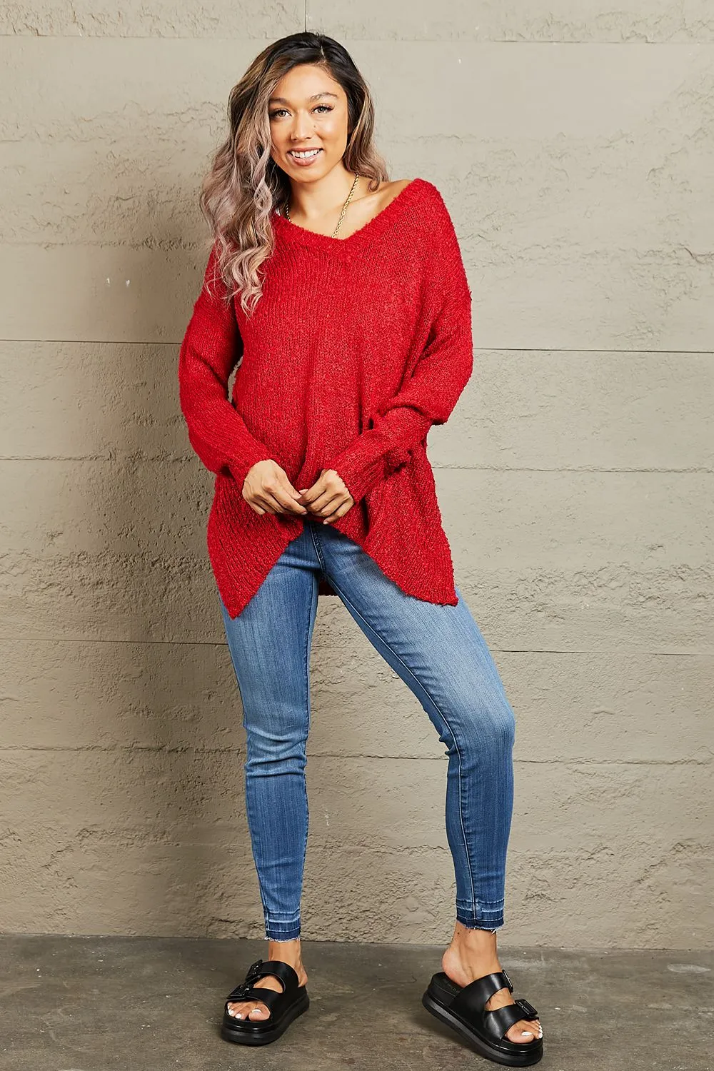 Heimish By The Fire Full Size Draped Detail Knit Sweater