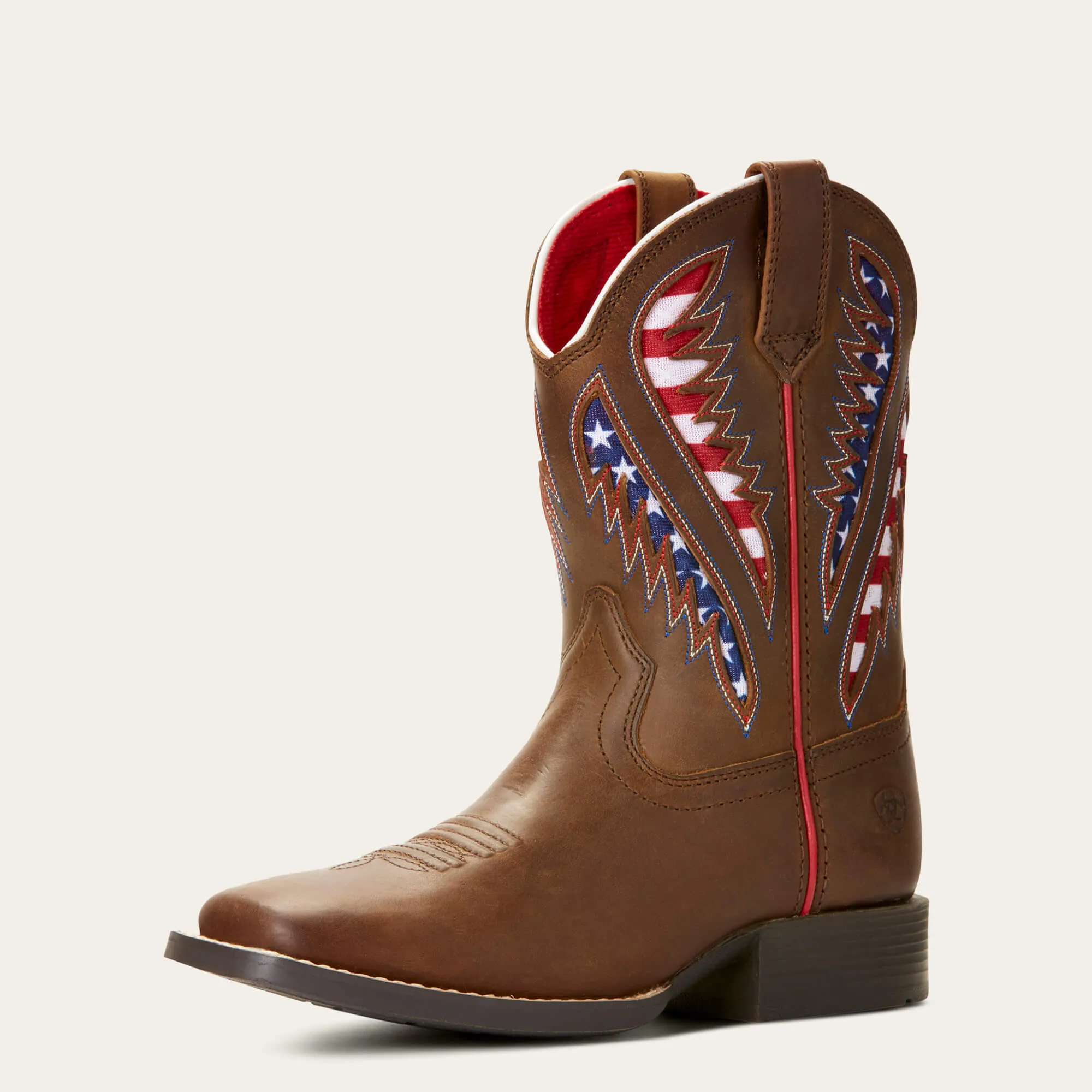 Kids Ariat Brown Quickdraw VentTEK Square Toe Western Boots with USA Flag Inlay Tops