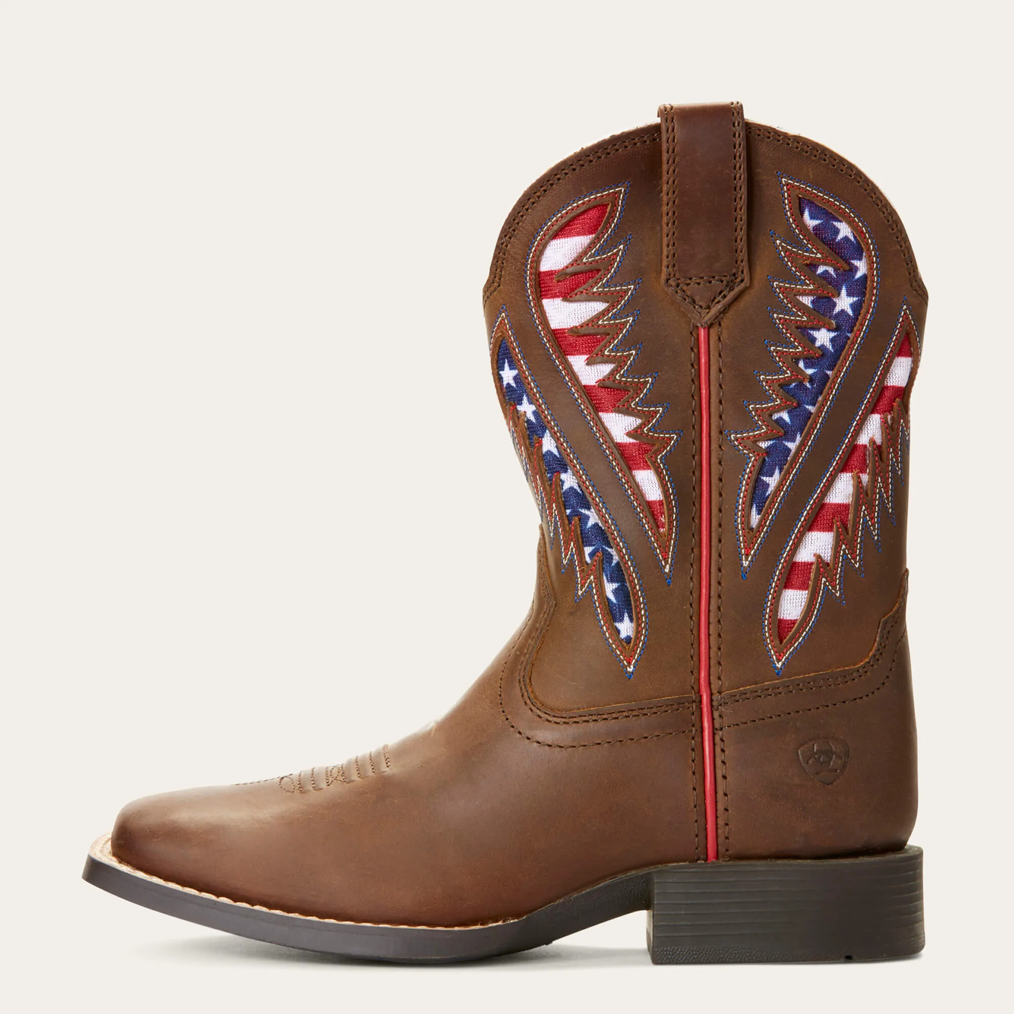 Kids Ariat Brown Quickdraw VentTEK Square Toe Western Boots with USA Flag Inlay Tops