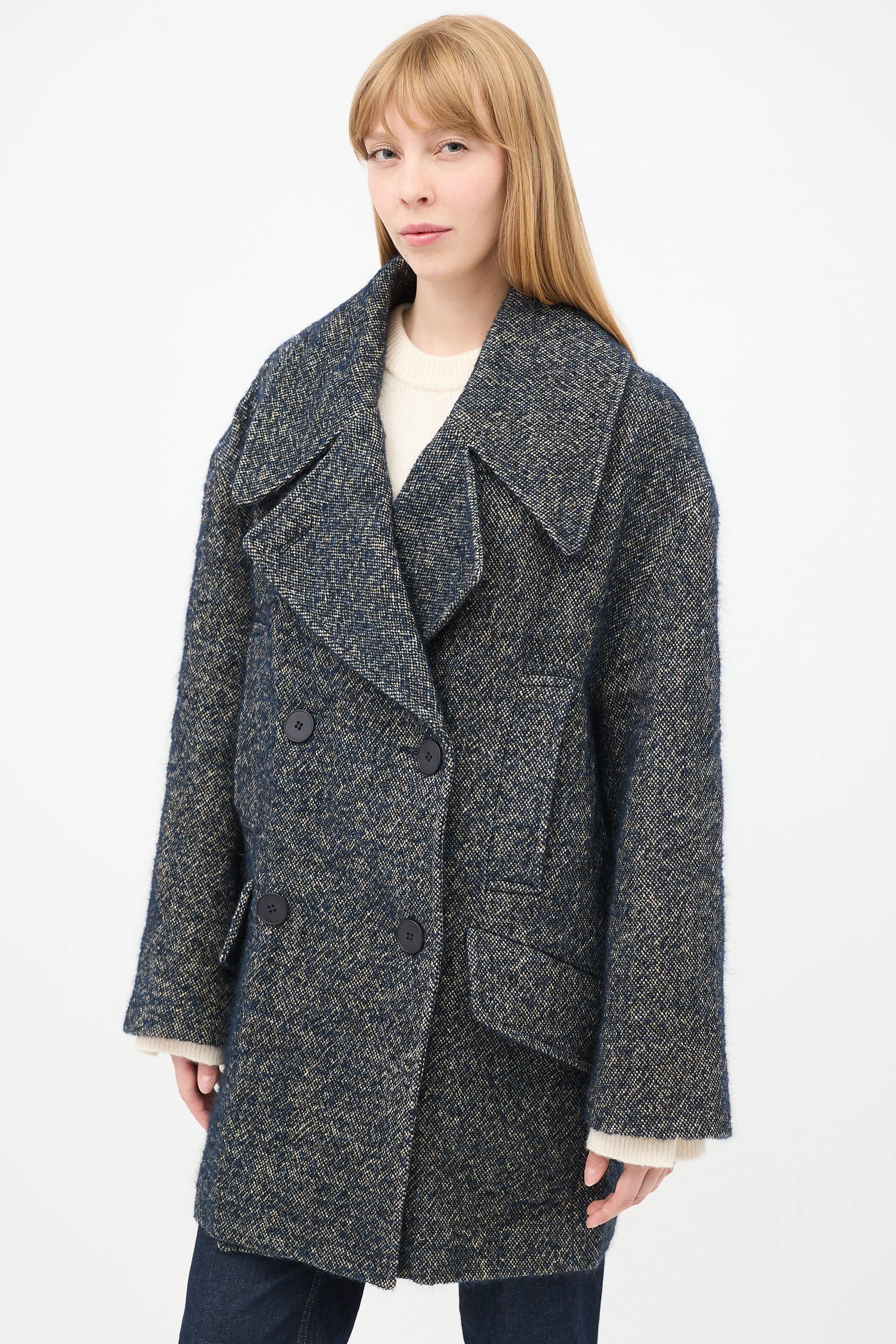 Navy & Grey Linen & Wool Tweed Oversized Pea Coat