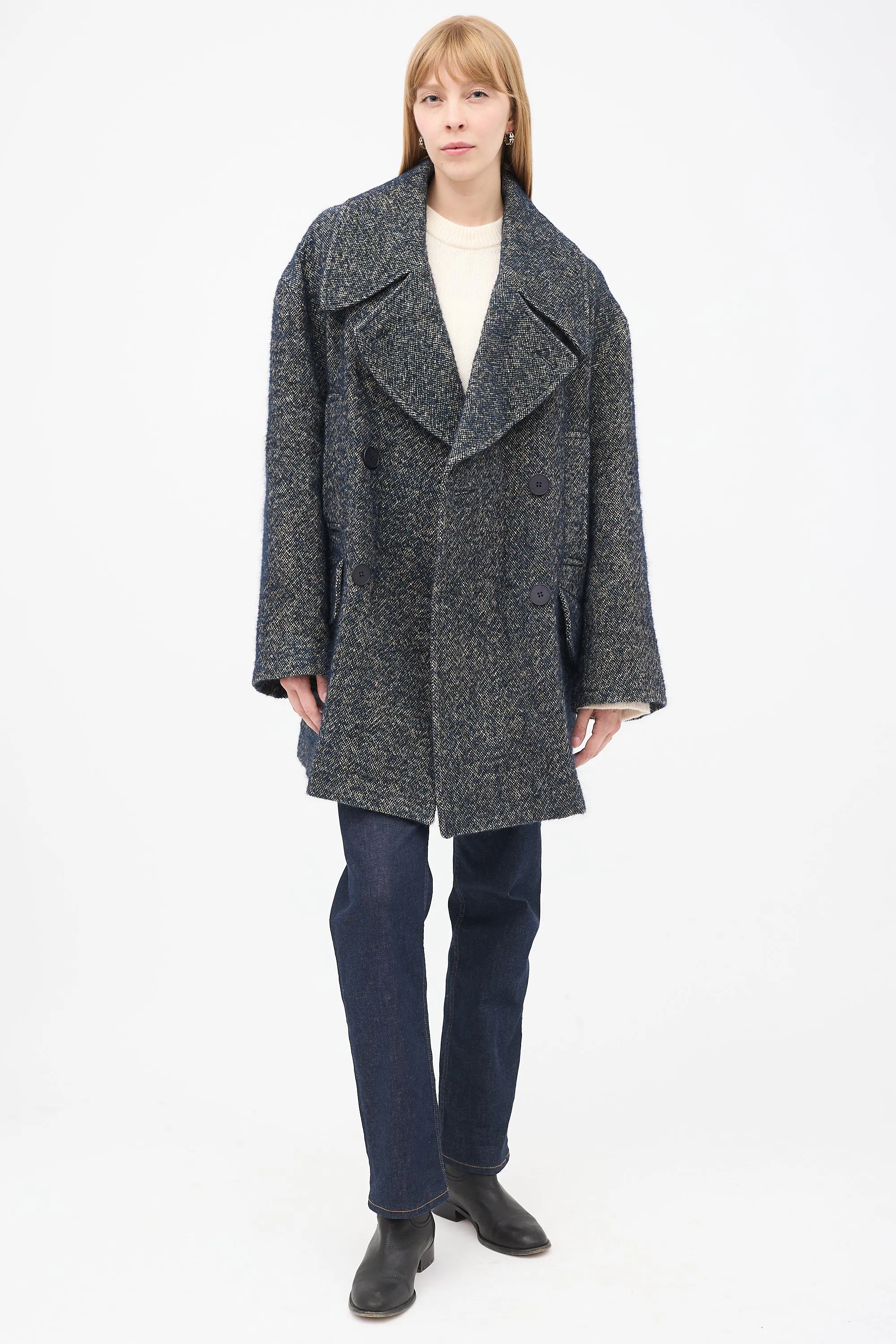 Navy & Grey Linen & Wool Tweed Oversized Pea Coat