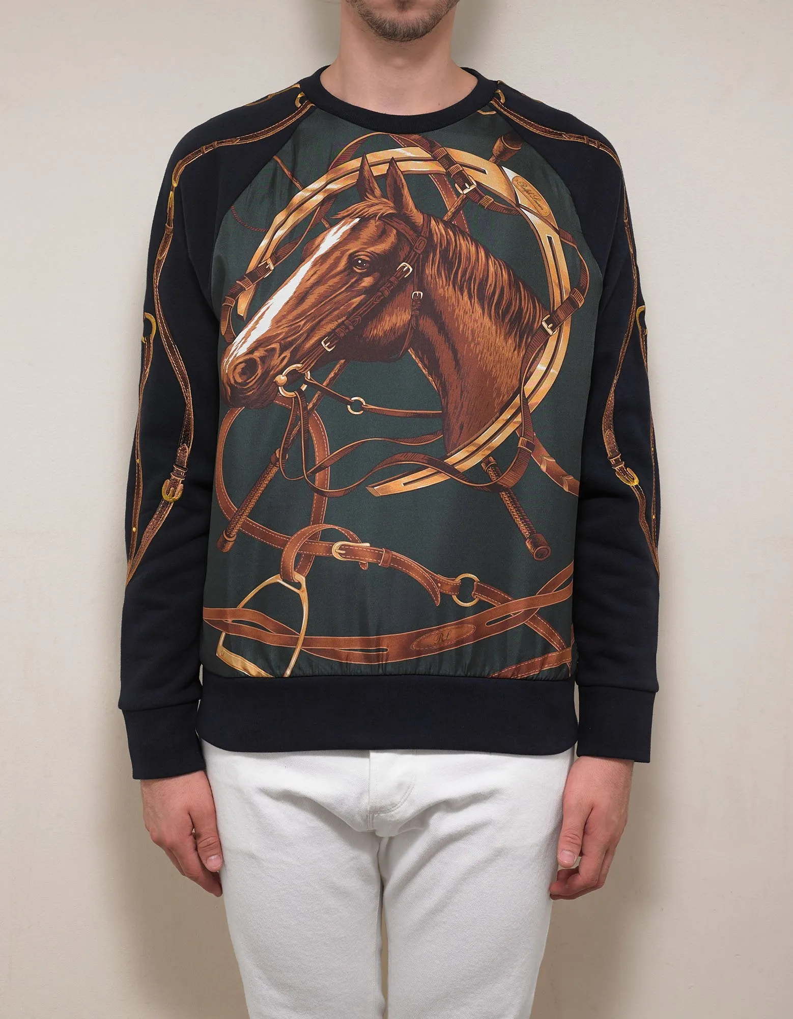 Navy Blue Silk Overlay Horse Graphic Sweatshirt