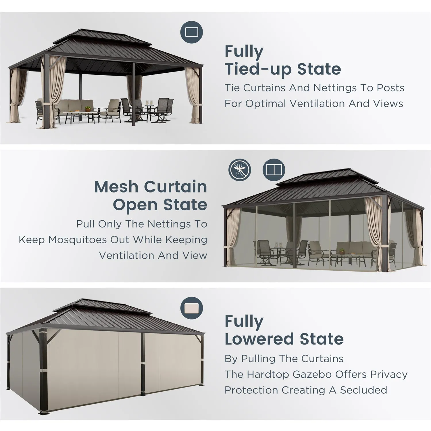 PHI VILLA 14' X 20'Outdoor Hardtop Gazebo with Galvanized Steel Roof and Mosquito Net