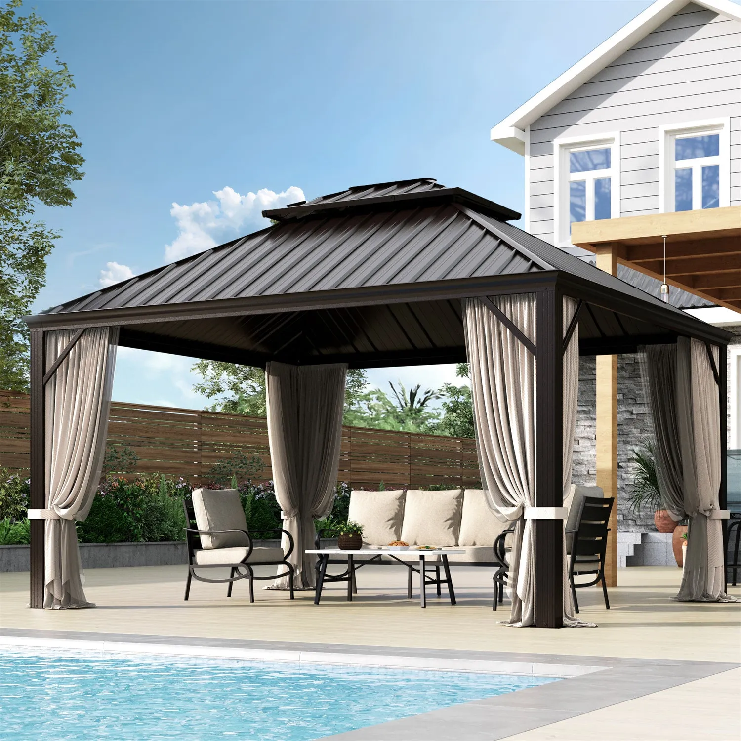 PHI VILLA 14' X 20'Outdoor Hardtop Gazebo with Galvanized Steel Roof and Mosquito Net