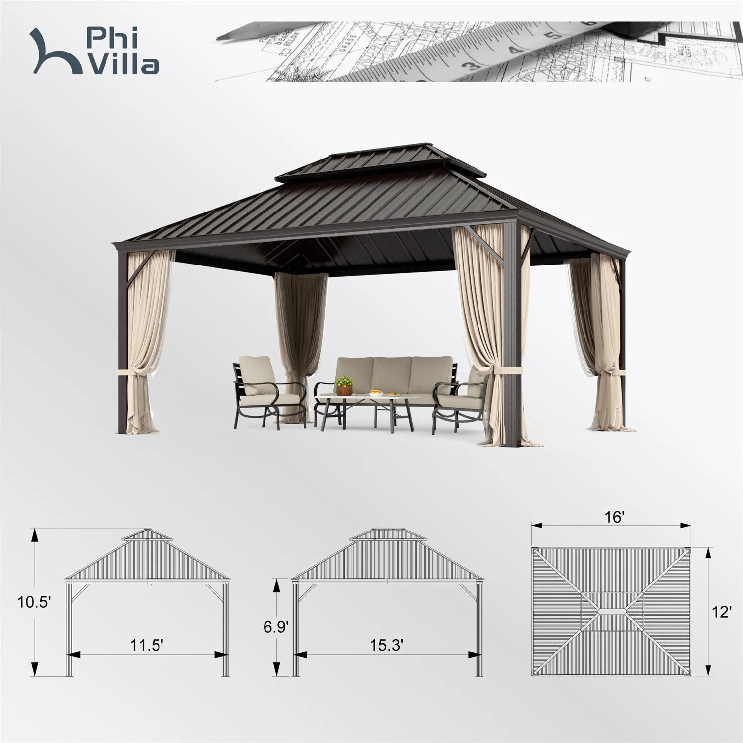 PHI VILLA 14' X 20'Outdoor Hardtop Gazebo with Galvanized Steel Roof and Mosquito Net