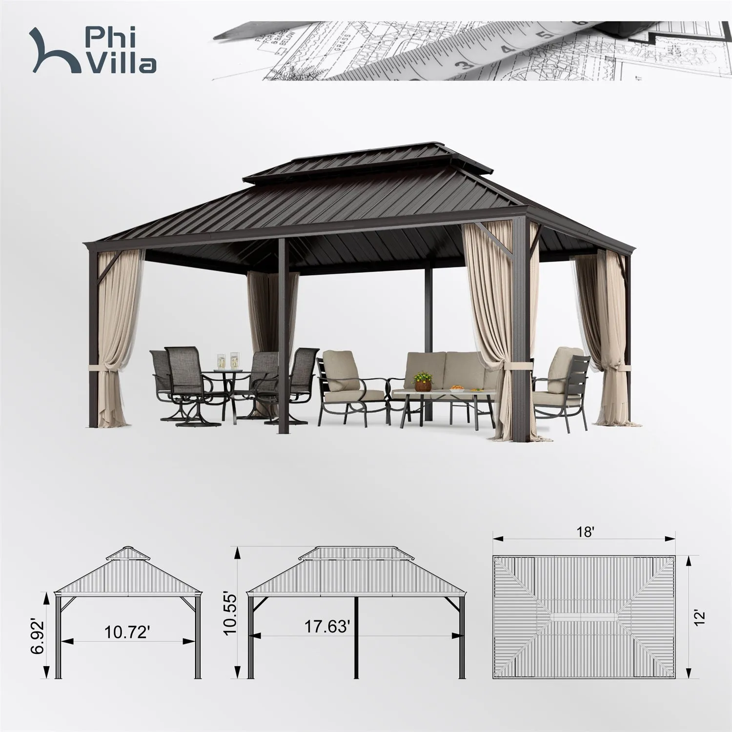 PHI VILLA 14' X 20'Outdoor Hardtop Gazebo with Galvanized Steel Roof and Mosquito Net