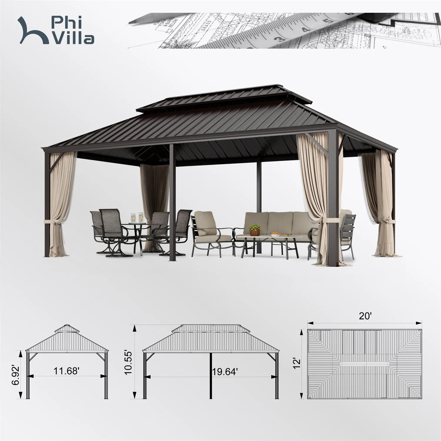 PHI VILLA 14' X 20'Outdoor Hardtop Gazebo with Galvanized Steel Roof and Mosquito Net