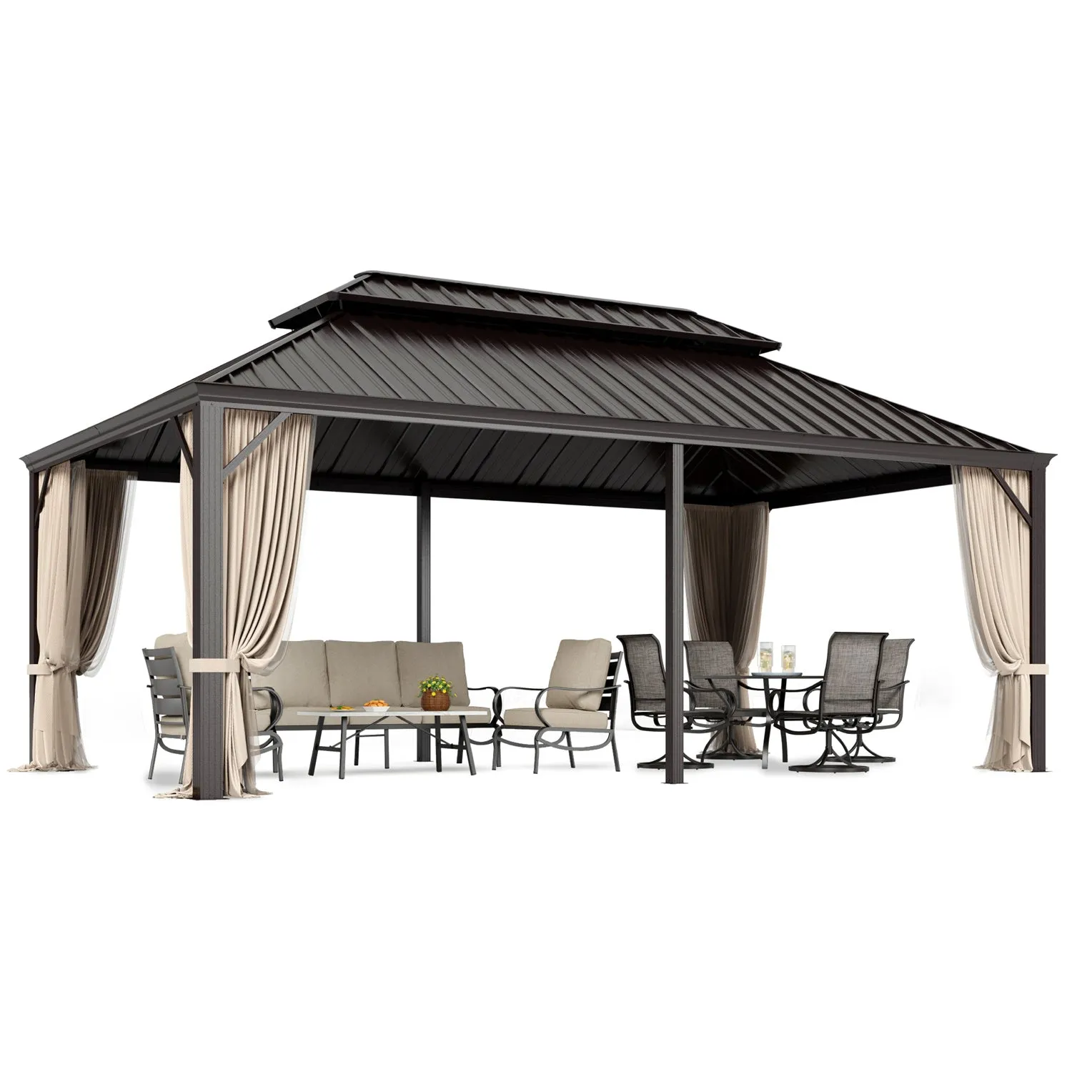 PHI VILLA 14' X 20'Outdoor Hardtop Gazebo with Galvanized Steel Roof and Mosquito Net