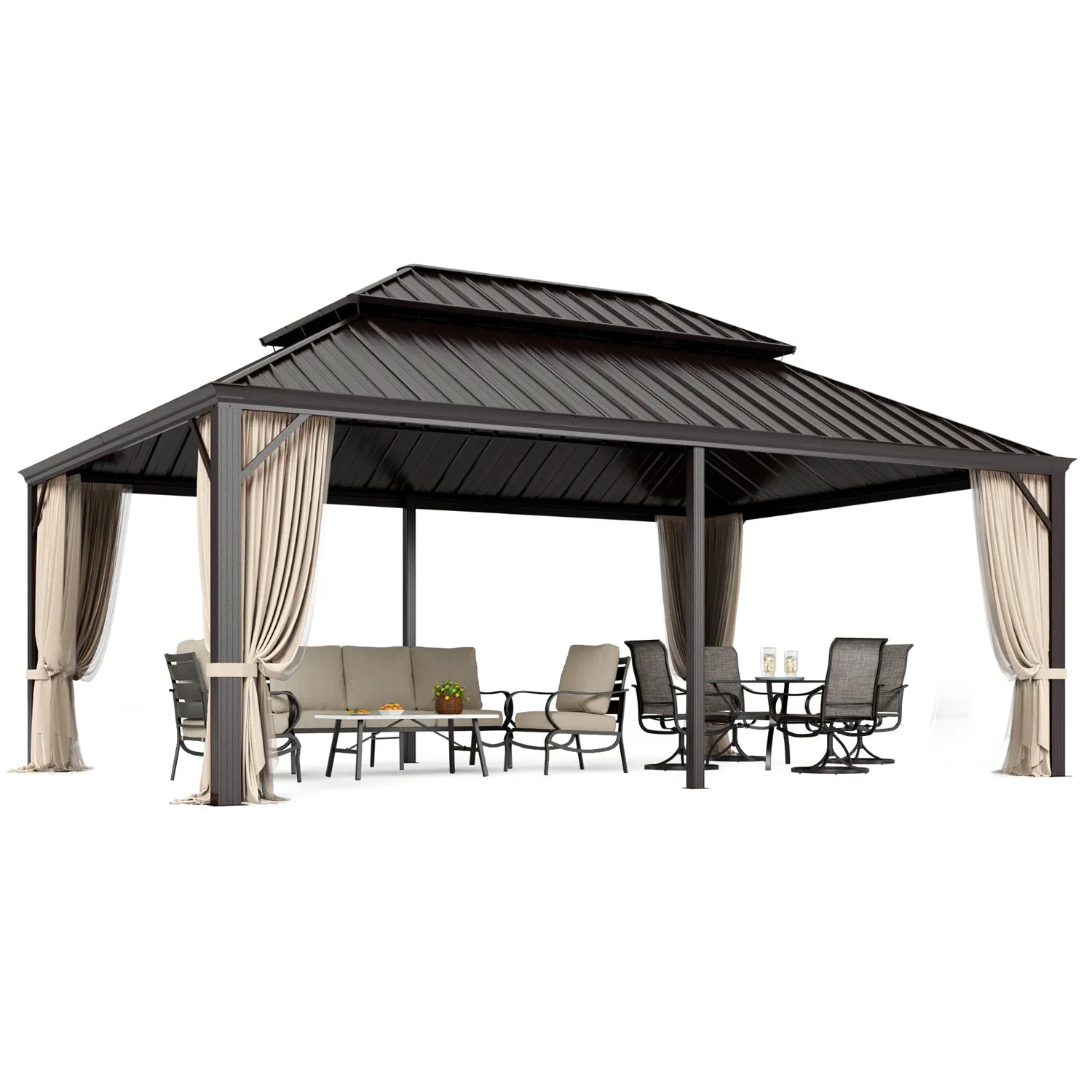 PHI VILLA 14' X 20'Outdoor Hardtop Gazebo with Galvanized Steel Roof and Mosquito Net