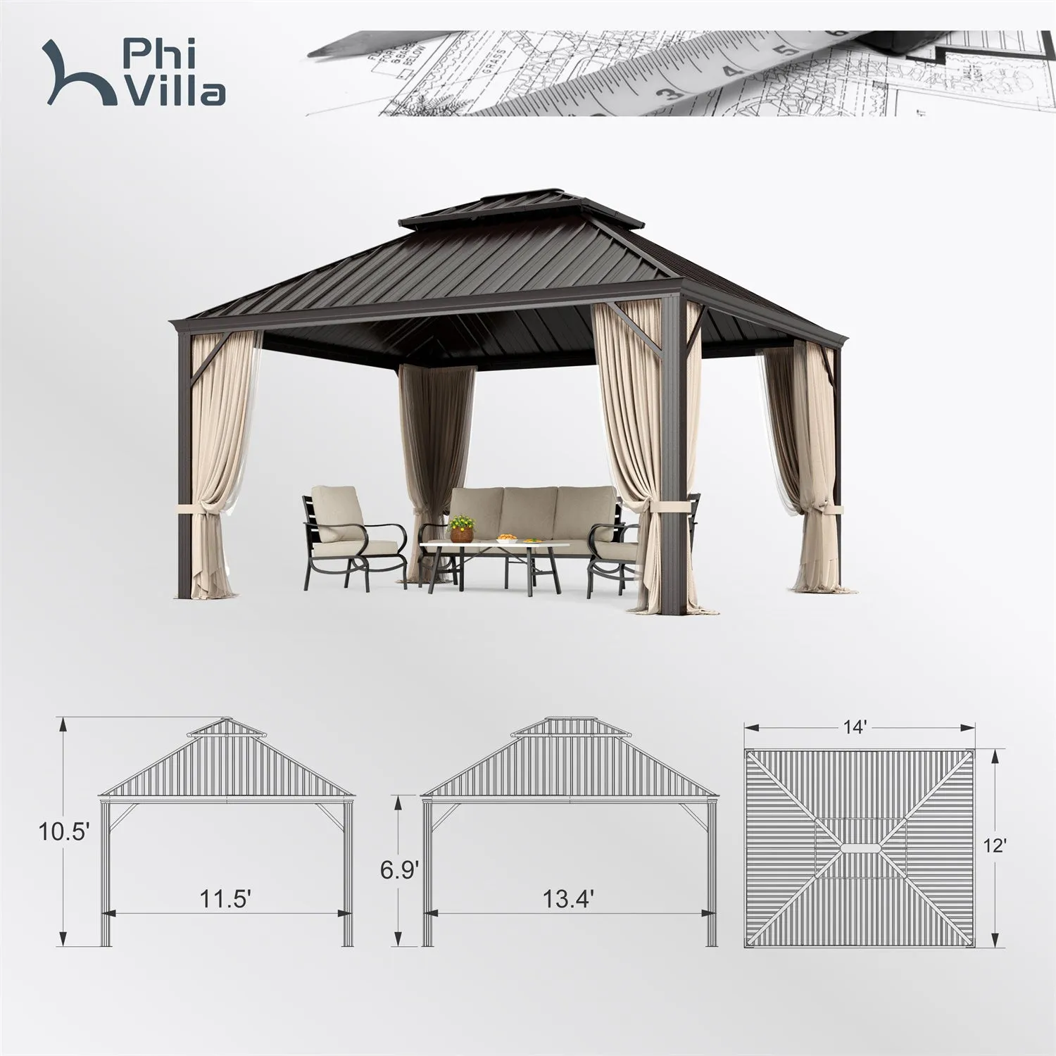 PHI VILLA 14' X 20'Outdoor Hardtop Gazebo with Galvanized Steel Roof and Mosquito Net