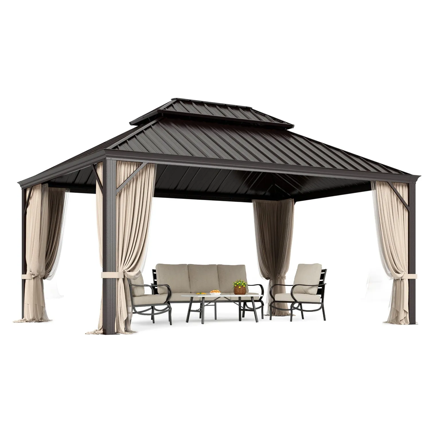 PHI VILLA 14' X 20'Outdoor Hardtop Gazebo with Galvanized Steel Roof and Mosquito Net