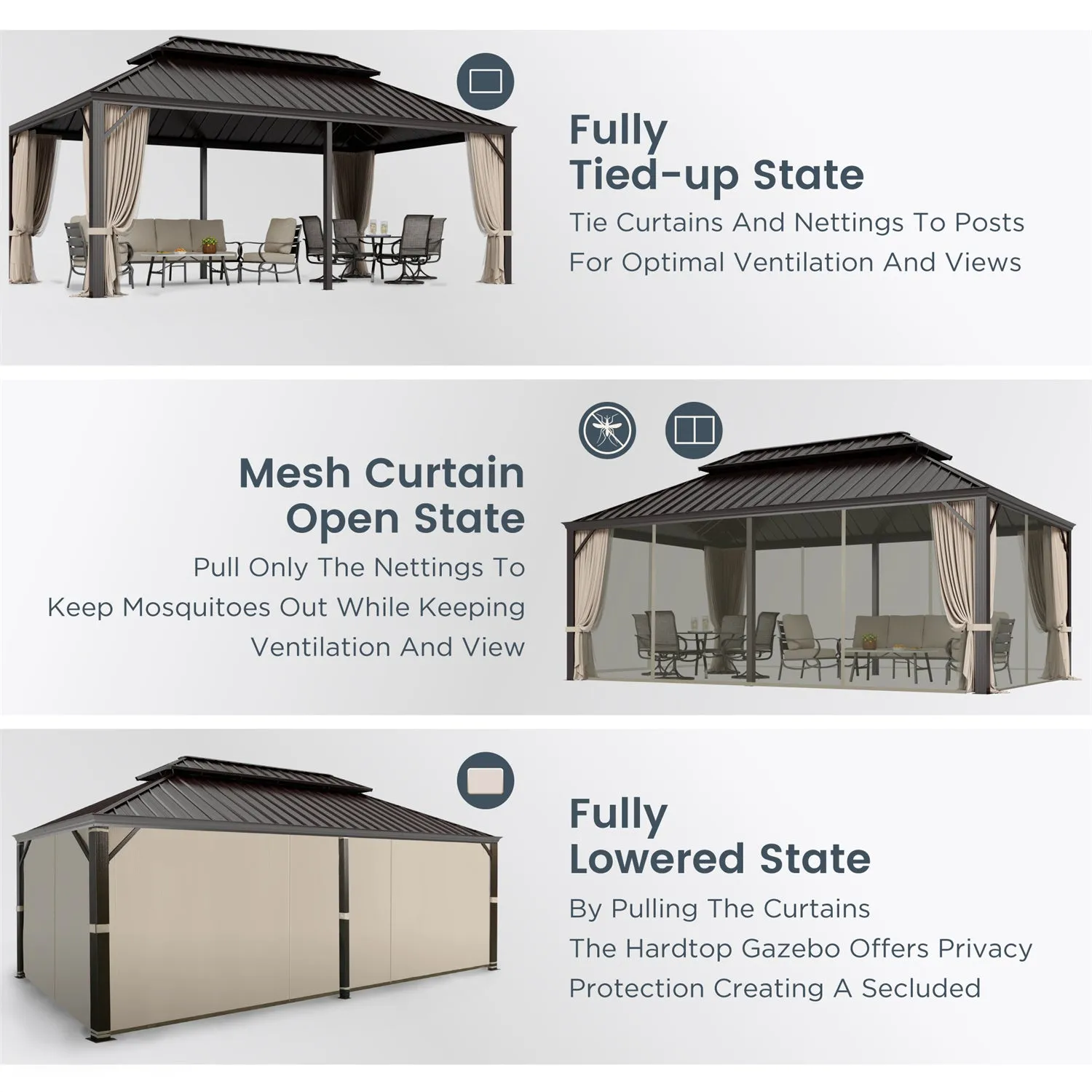 PHI VILLA 14' X 20'Outdoor Hardtop Gazebo with Galvanized Steel Roof and Mosquito Net