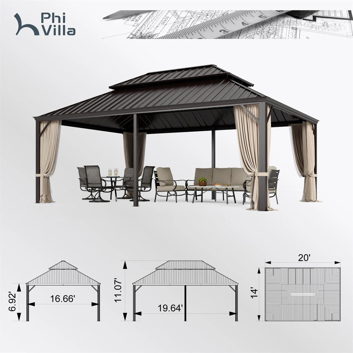 PHI VILLA 14' X 20'Outdoor Hardtop Gazebo with Galvanized Steel Roof and Mosquito Net