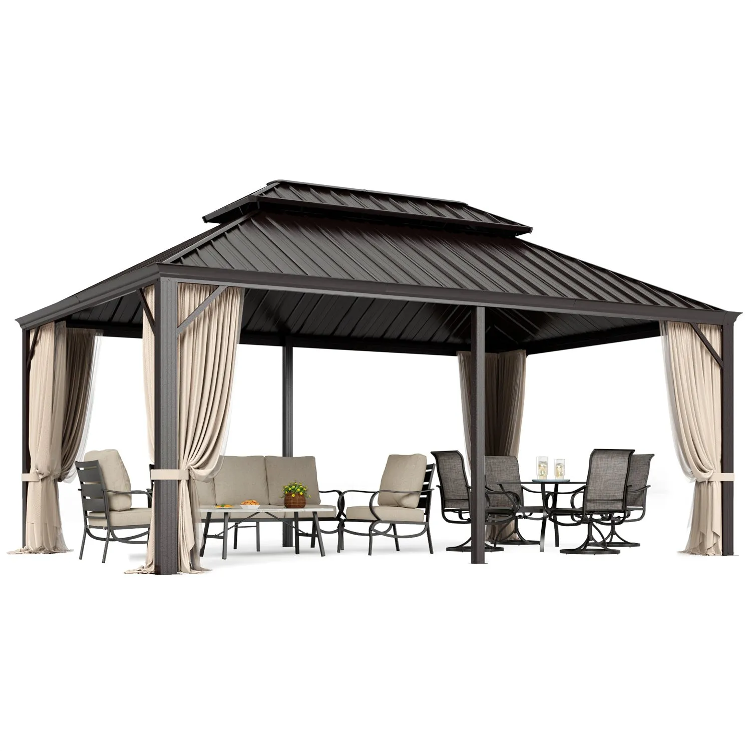 PHI VILLA 14' X 20'Outdoor Hardtop Gazebo with Galvanized Steel Roof and Mosquito Net