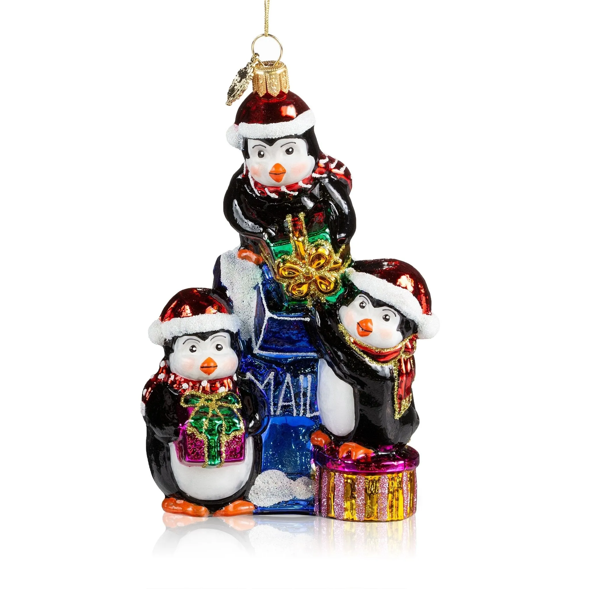 Pier 1 Penguins at the Mailbox Glass Christmas Ornament