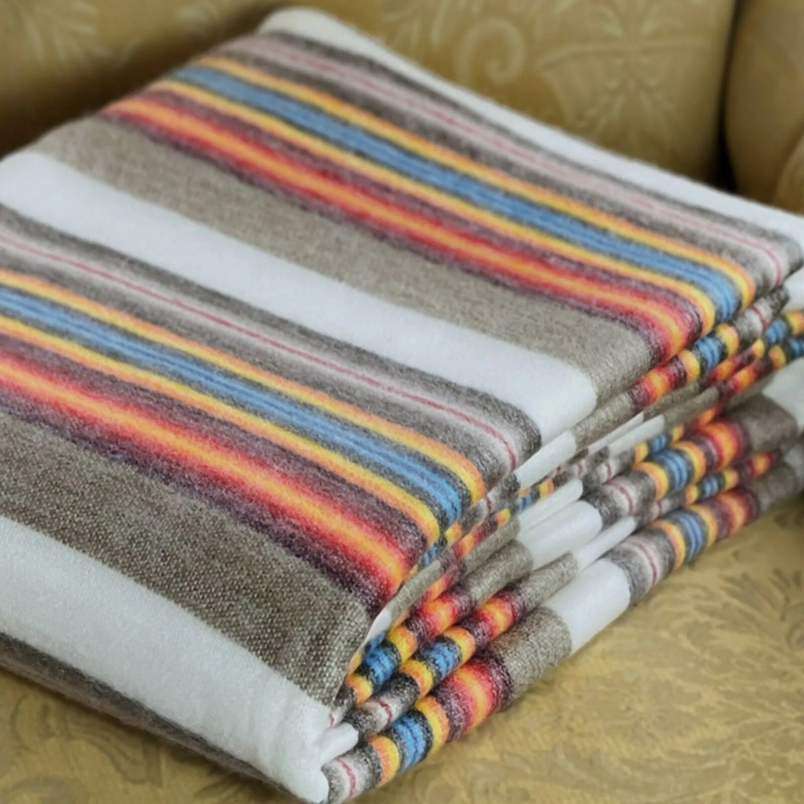 Pita - Baby Alpaca Wool Throw Blanket / Sofa Cover - Queen 97" x 67" - multi coloured thin stripes pattern