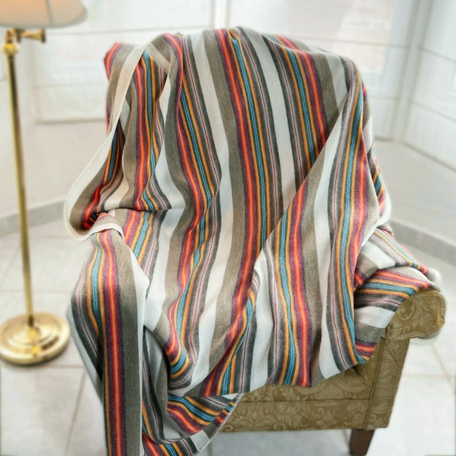 Pita - Baby Alpaca Wool Throw Blanket / Sofa Cover - Queen 97" x 67" - multi coloured thin stripes pattern