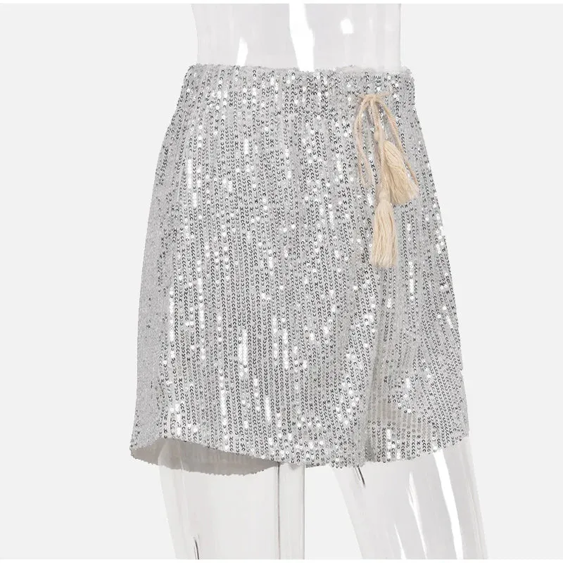 Pre Order:  Silver Sequins Low Waist Lace Up Mini Shorts