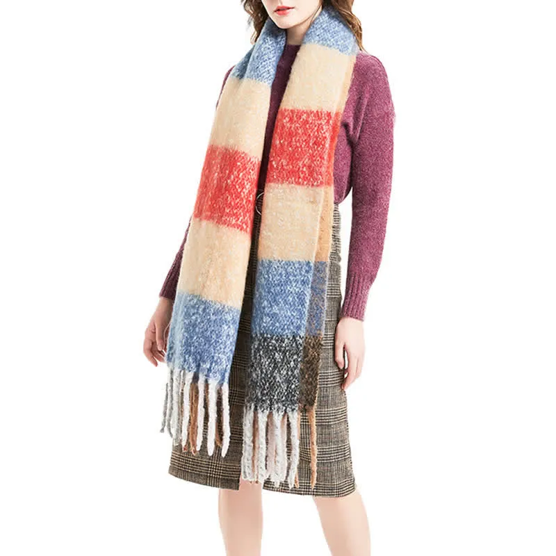 Unisex Oversized Color Block Tassels Roving Scarf