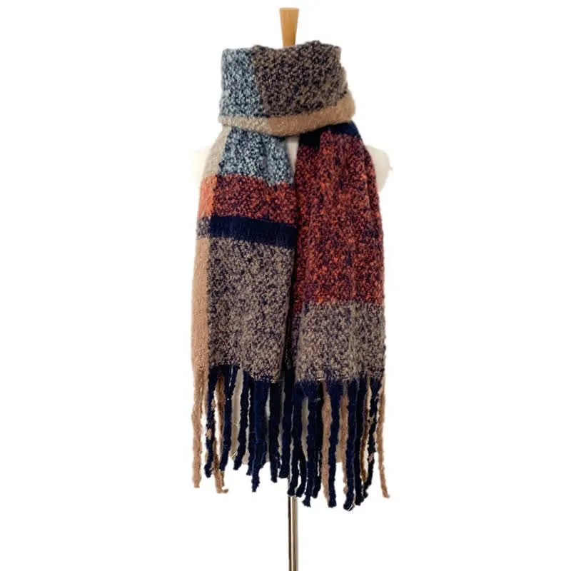 Unisex Oversized Color Block Tassels Roving Scarf