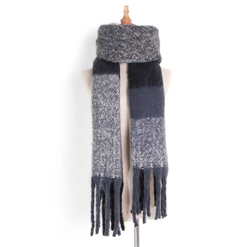 Unisex Oversized Color Block Tassels Roving Scarf