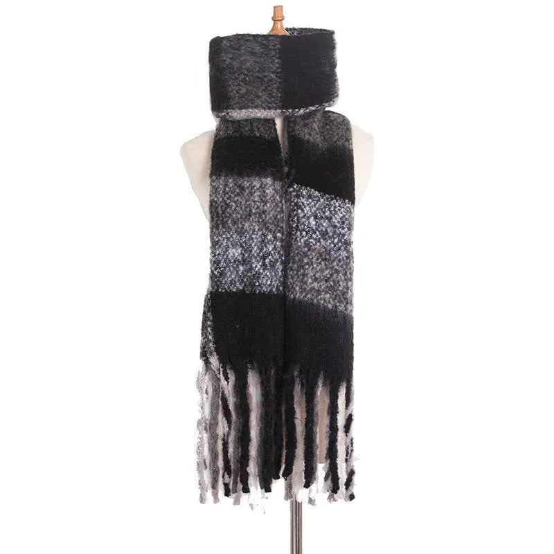 Unisex Oversized Color Block Tassels Roving Scarf